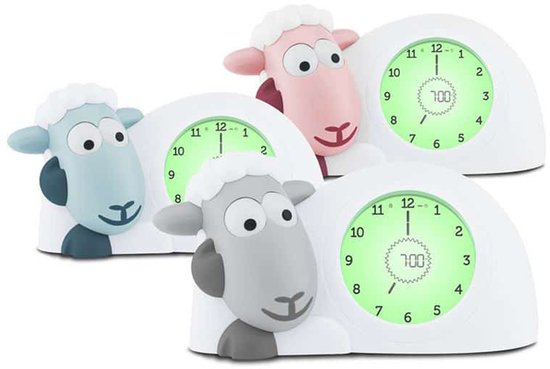 Drie schaap wekkers: blauw, roze en grijs met groene verlichting.