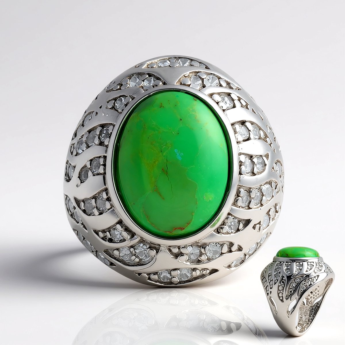 Cavill - 925 Sterling Zilveren Ring - Groene Kingman Mohave Turkoois 3,52 ct - Witte Topaas Pavé 0,48 ct - Elegant Handgemaakt Sieraad