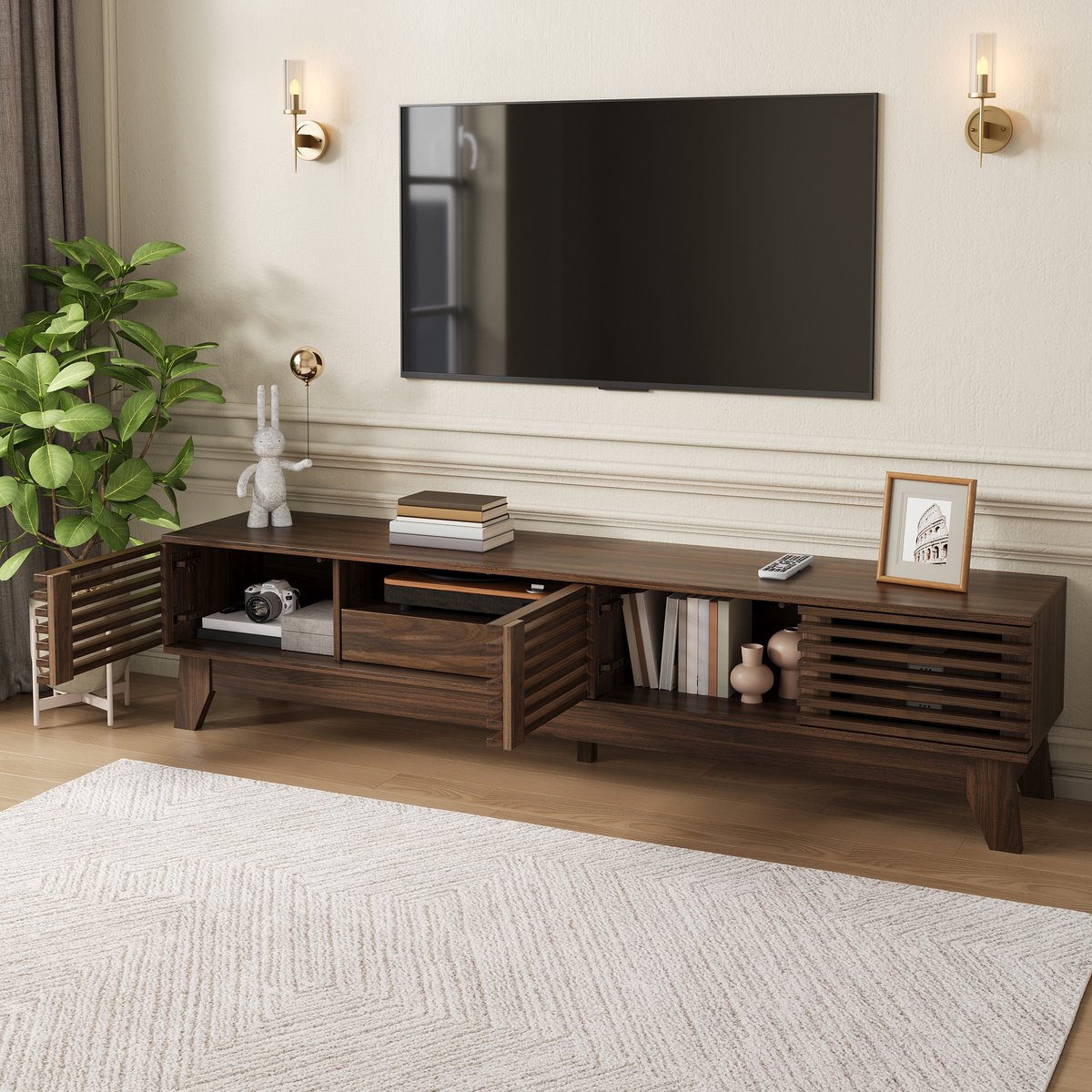 COVREO TV-meubel met 3 deuren en lade – Lowboard met open vakken en geribbelde fronten – Mediakast voor woonkamer – 170x35x40 cm – Walnoot