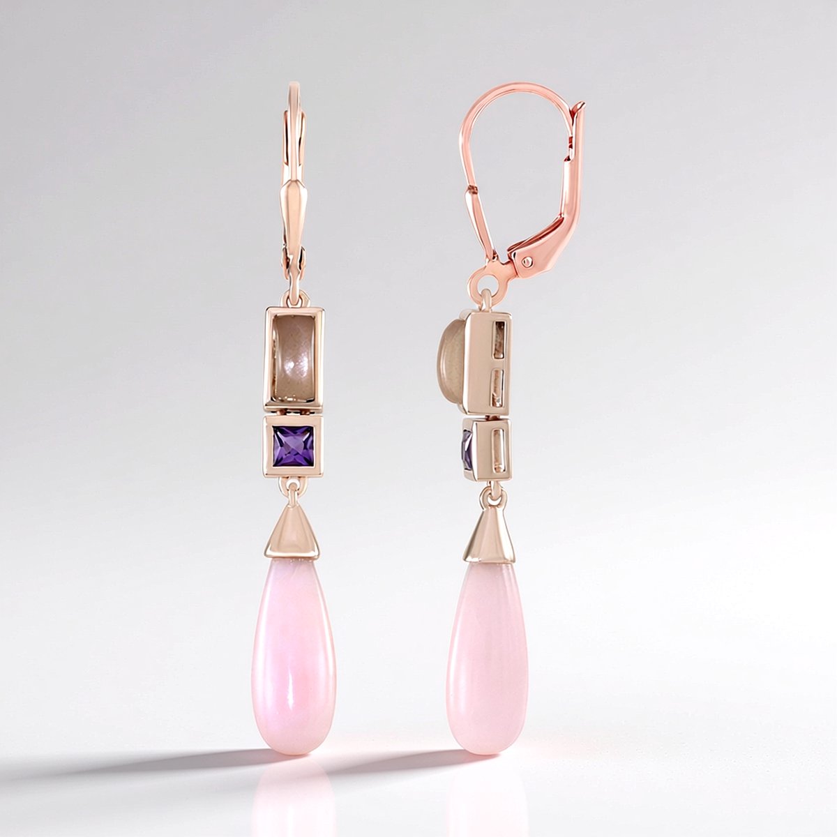 Cavill - Luxe Zilveren Oorbellen - 18K Roségoud Verguld - 5,38 ct Peru Roze Opalen Cabochon met Maansteen & Amethist - Elegant