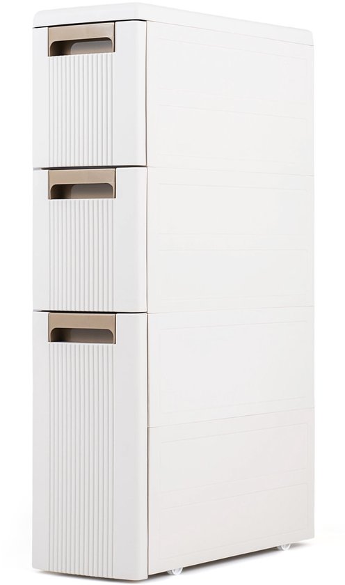 Smalle witte kast met drie laden met bruine handgrepen, op wieltjes.
