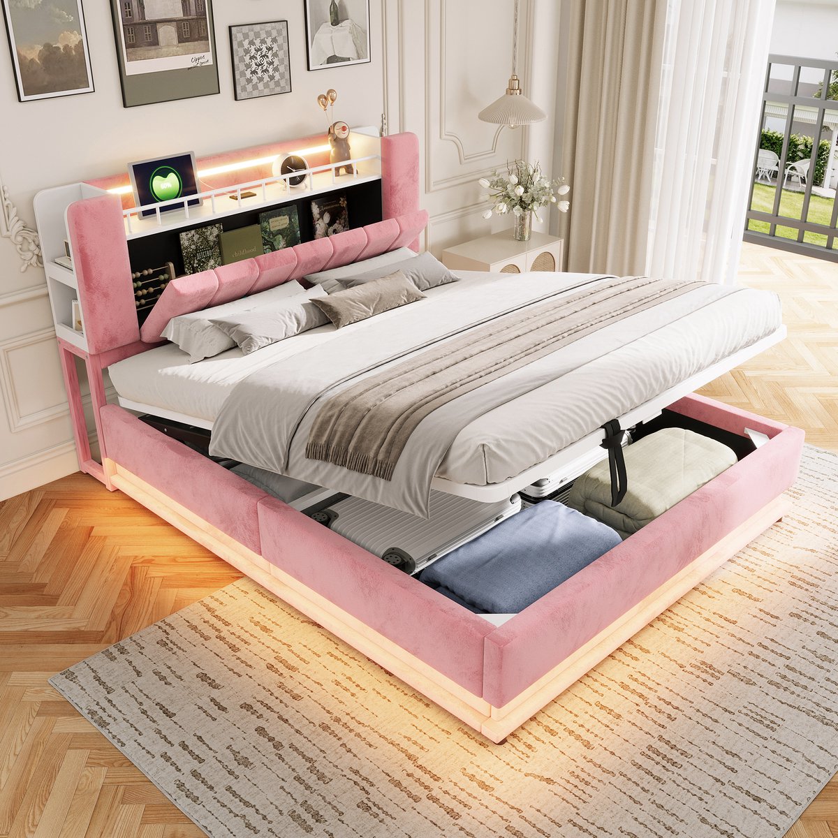 STILVORA Gestoffeerd Bed 160x200 cm – LED-Verlichting En USB-Aansluitingen – Hydraulische Opbergruimte – Zonder Matras – Roze