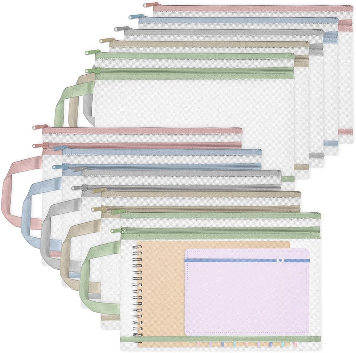Kleurrijke Mesh Ritszakken met Handvat - A4 Dubbele Laags Speelgoedopslag, Ademend en Doorzichtig Organisatiezak voor Bouwstenen, Puzzels en Bordspellen (34x24cm)