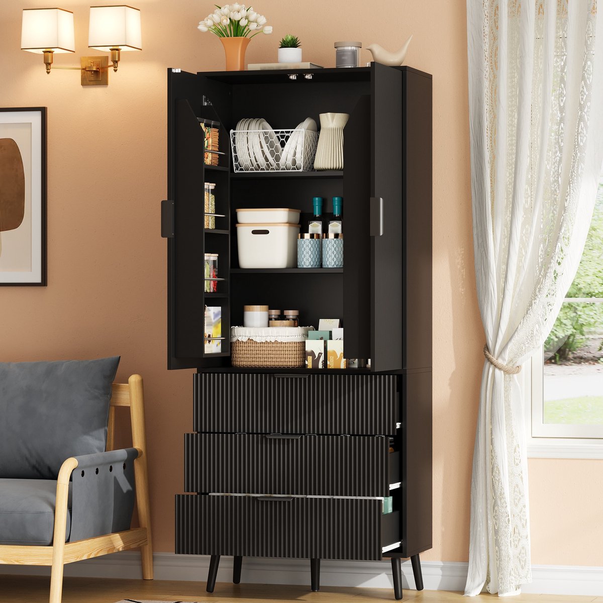 MIVRAY Keukenkast - Hoge Opbergkast Met 2 Deuren En 3 Laden - Voor Keuken Woonkamer En Eetkamer - MDF - 75x35x180 Cm - Zwart