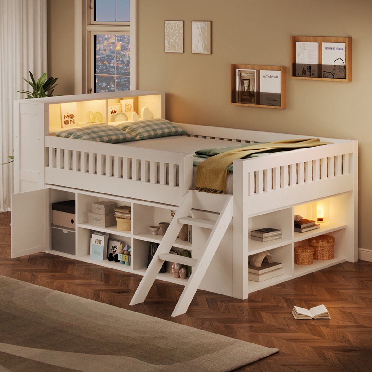 OKWISH Halfhoogslaper 140x200 cm - Met Ledverlichting En Opbergruimte - Met Ladder En Uitvalbeveiliging - Hout En MDF - Wit - Zonder Matras