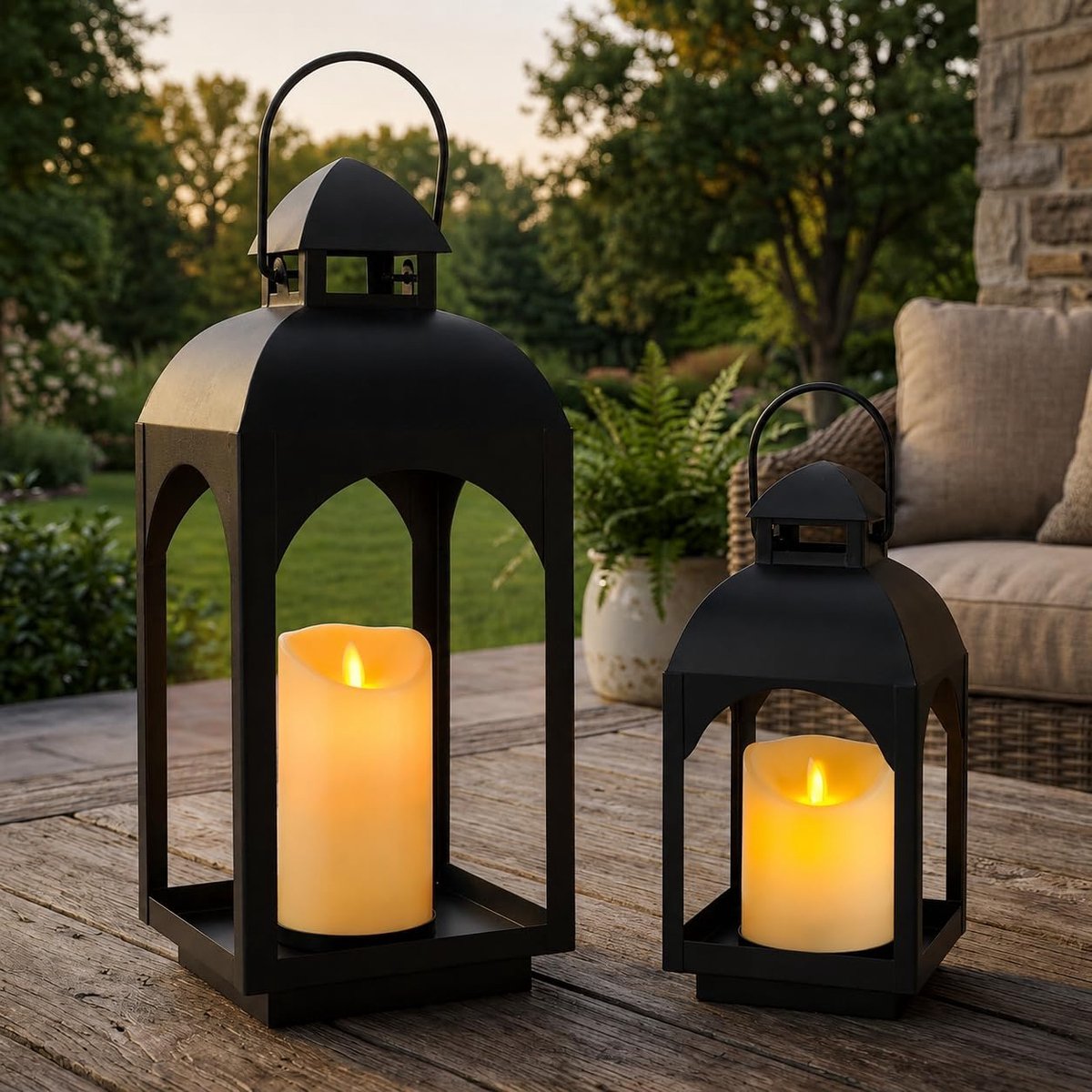 JHY DESIGN 2pcs Luxury Lantern Decorative 14.5cm H Black Metal Hurricane Lanterns with Clear Glass Panels for Porch - ShopVlot