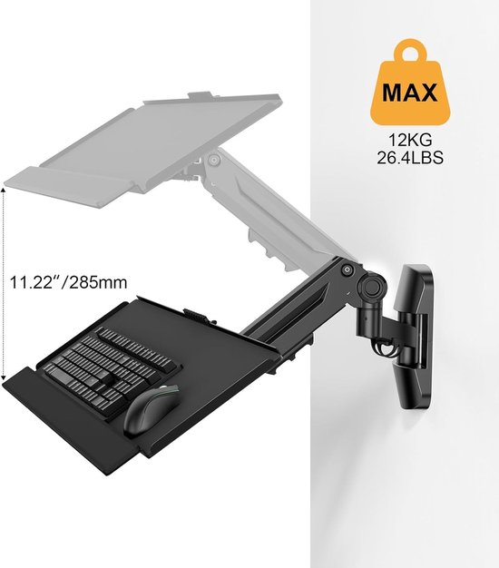 Verstelbare Wandbevestigde Toetsenbordlade - Ergonomische Toetsenbord- en Muismontage, Geschikt voor Tot 12kg, Zwart — afbeelding 2