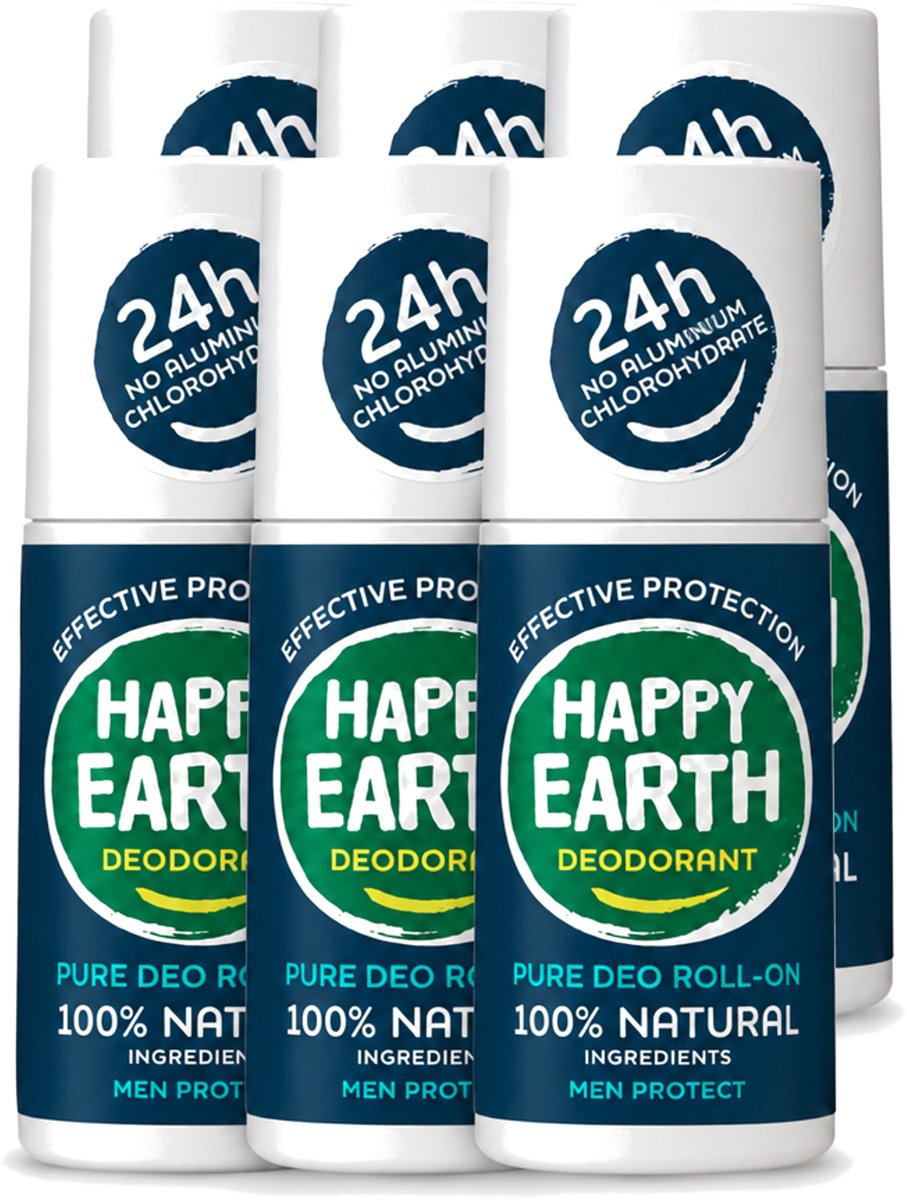 6 x Happy Earth – Deodorant Roll-On – 100% Natuurlijk Men Protect – 75 ml - Voordeelverpakking - 6 stuks