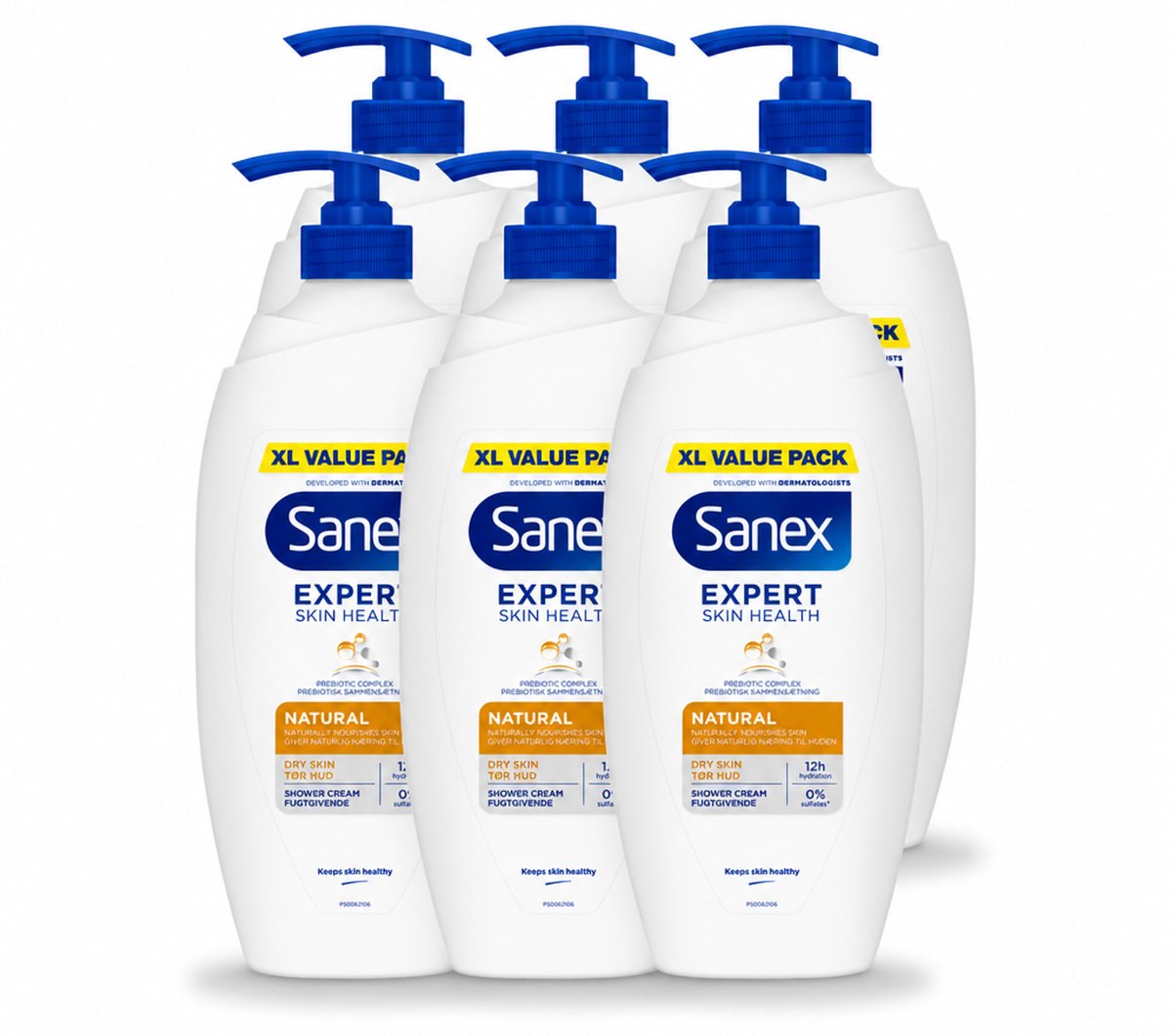 6 x Sanex – Douchecrème – Expert Skin Health Naturals – 750 ml - Voordeelverpakking - 6 stuks