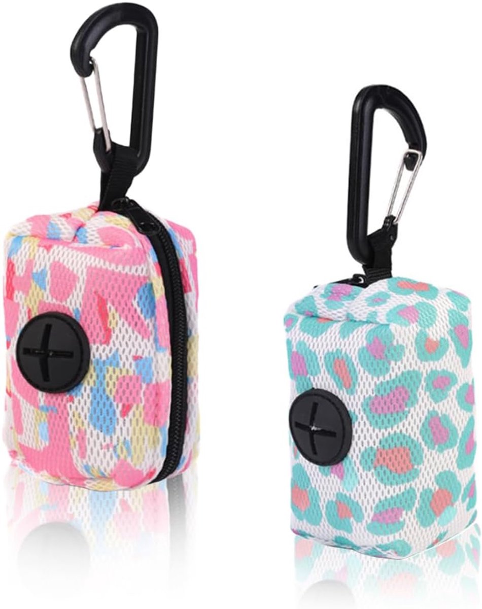 Hond poepzak houder - 2 stuks - roze/blauw - met karabijnhaak - handig voor onderweg - ShopVlot