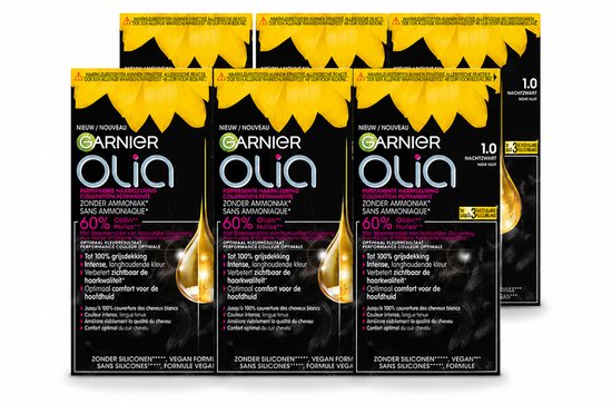 Zes verpakkingen Garnier Olia 1.0 nachtzwart haarkleuring, ammoniakvrij met zonnebloemdesign.