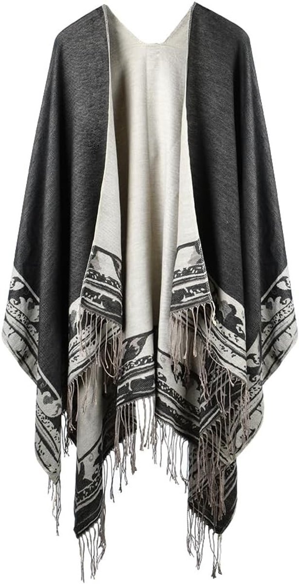 Elegante Dubbellaagse Poncho voor Dames, Warme Sjaal Wrap met Franje, Ideaal voor Lente en Winter, Perfect voor Avondkleding en Casual Outfits