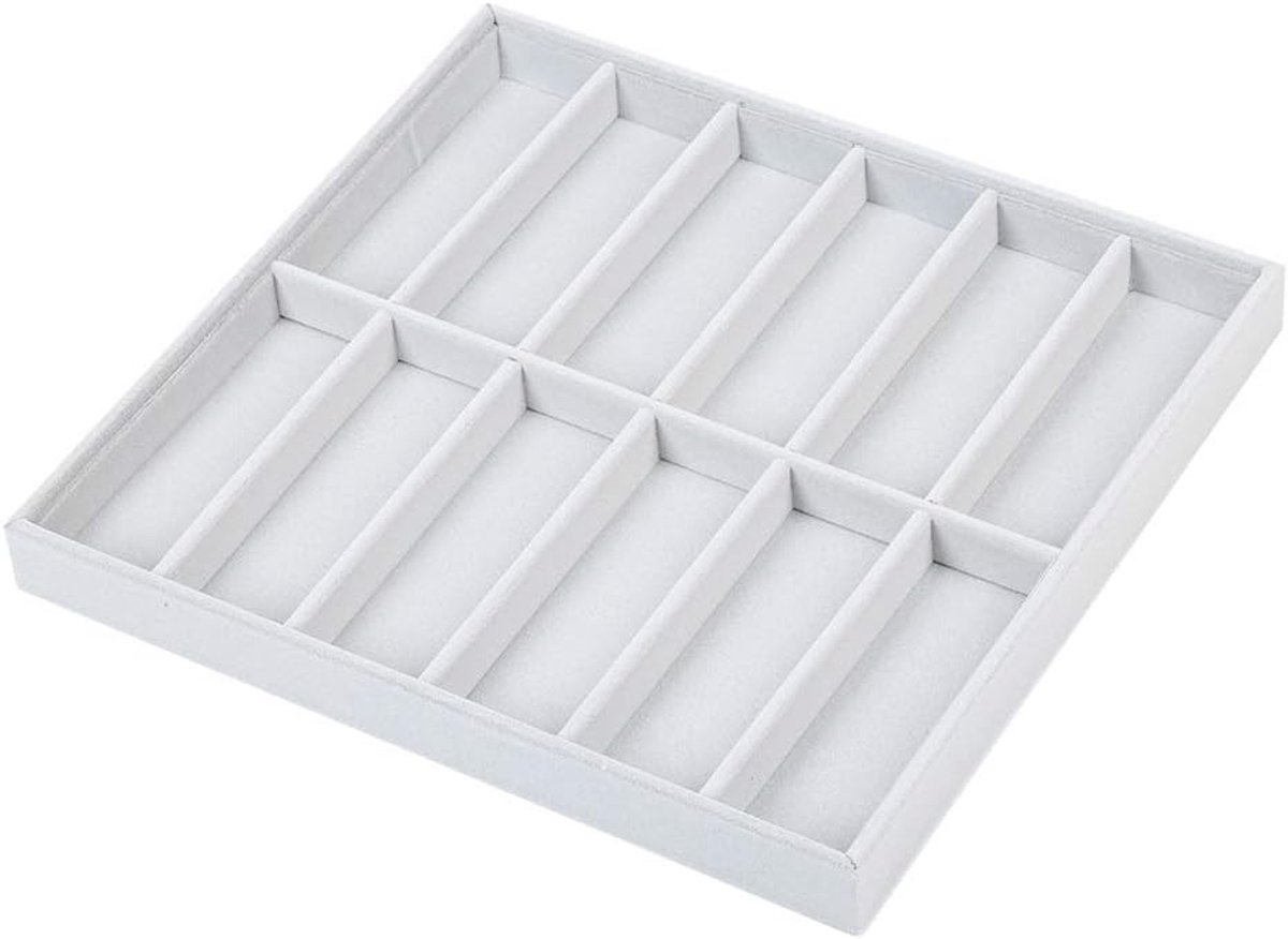 Zonnebrilopbergdoos met 12 Compartimenten, Organiser en Opbergtray, 15 x 36 x 3.8 cm, Geschikt voor Zonnebrillen, Horloges en Sieraden, Stapelbaar met Interne Scheidingen