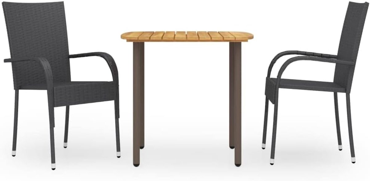 3-delig. Tuineetset Poly rotan zwart met massief acaciahout eettafel en stalen frame, stapelbare stoelen voor buiten, onderhoudsvriendelijk en robuust, max. 110 kg per