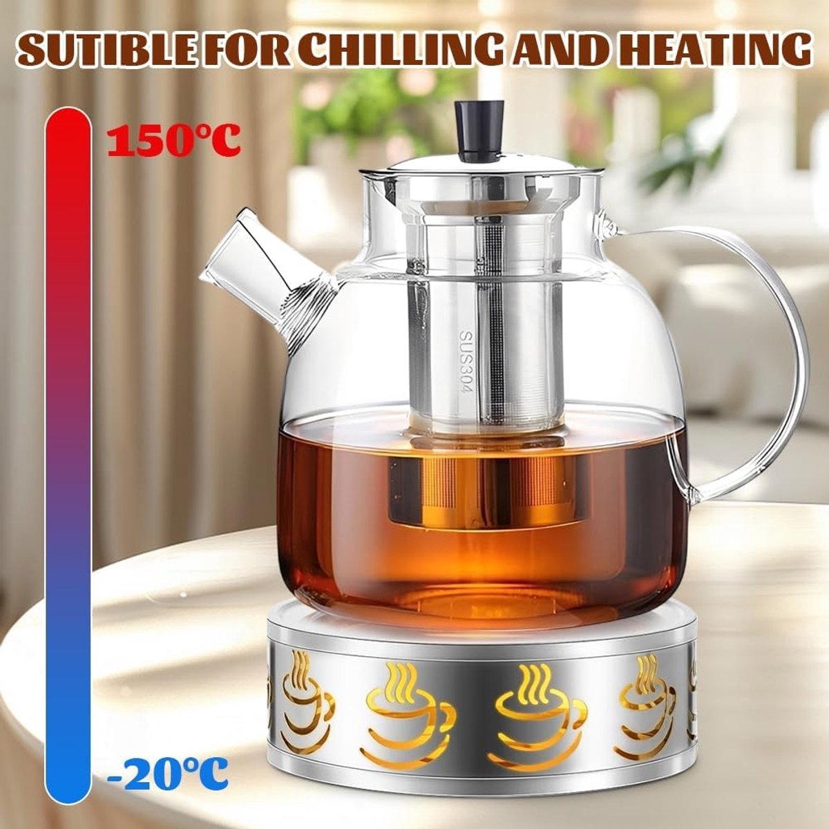 Stijlvolle glazen theepot van 1,8 liter met filter voor losse thee, BPA-vrij en vaatwasserbestendig — cadeau in Kookcadeaus - foto 2