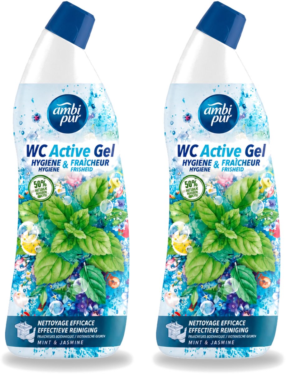 2 x Ambi Pur - Toiletreiniger - WC Active Gel - Mint & Jasmijn - 750 ml - Voordeelverpakking - 2 stuks