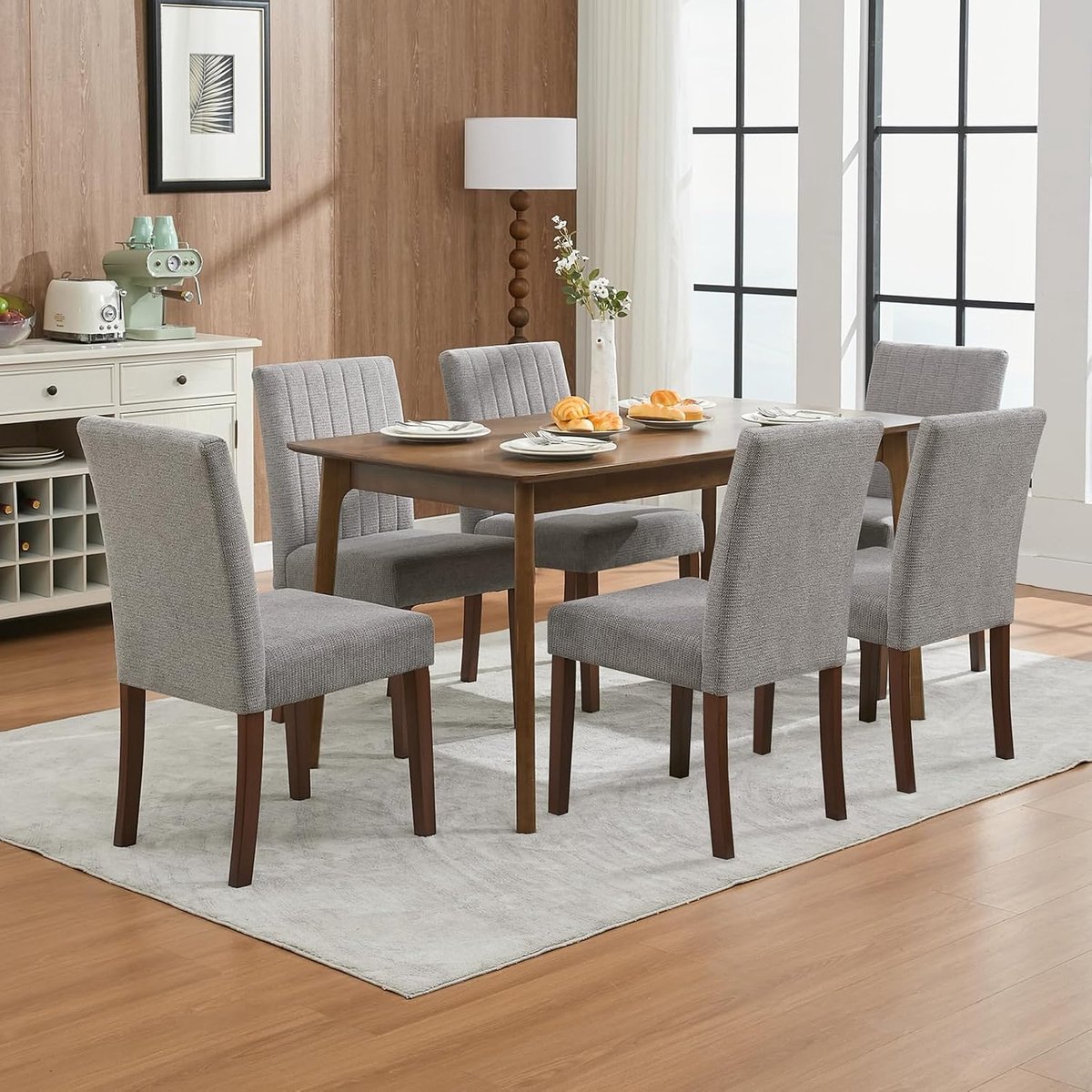 Eetkamerstoelen Set van 6 - Moderne Stoffen Stoelen Houten Poten Grijs