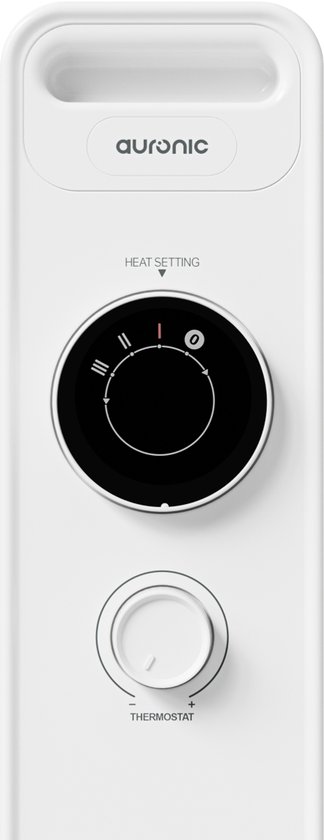 Bedieningspaneel van een witte olieradiator met instelbare warmtestand en thermostaat.