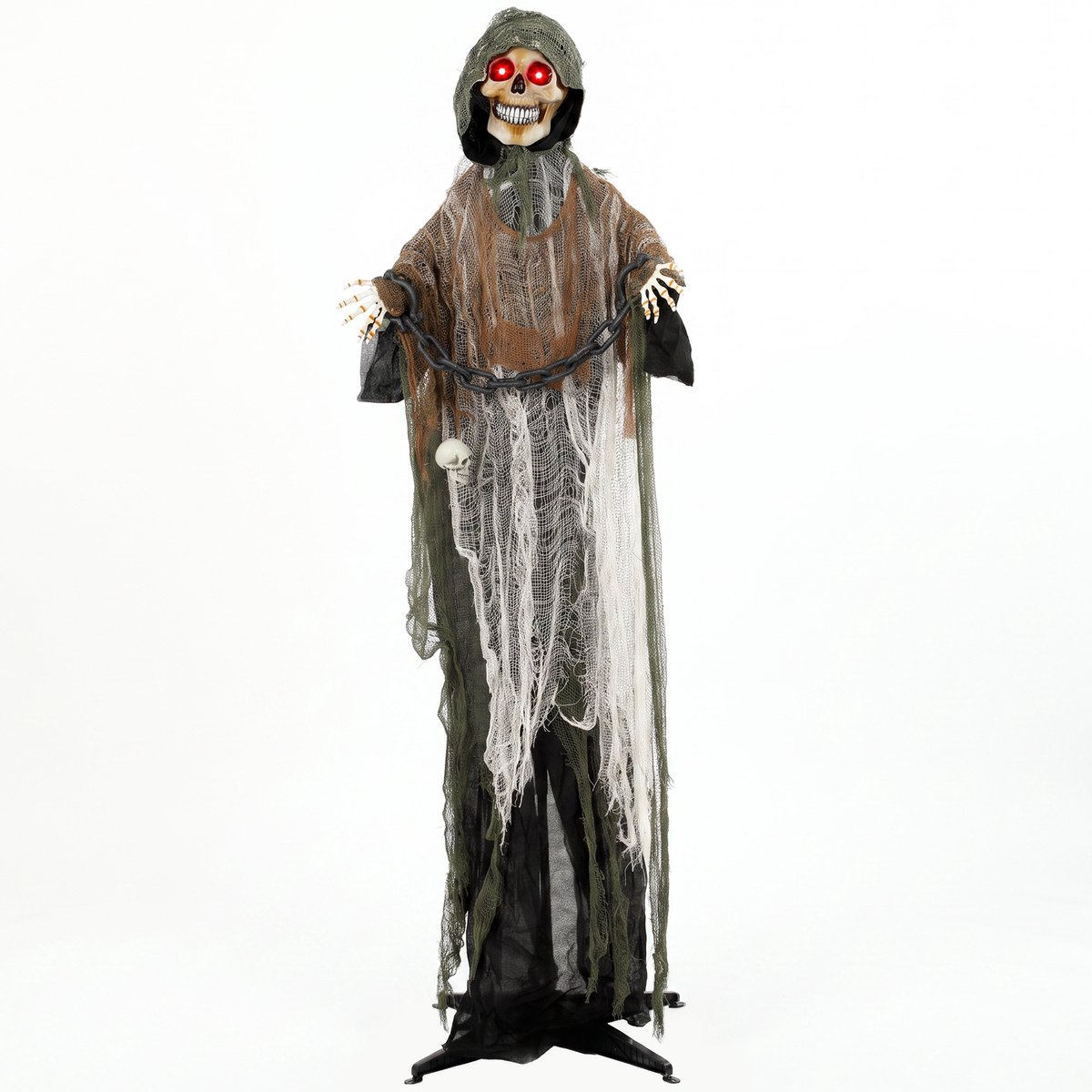 TEKROA® Halloween decoratie - Halloween-decoratie horrorpop- 170 cm geanimeerde Magere Hein – levensgrote Halloween-animatronic met bewegende handen en hoofd - oplichtende ogen en griezelig geluid