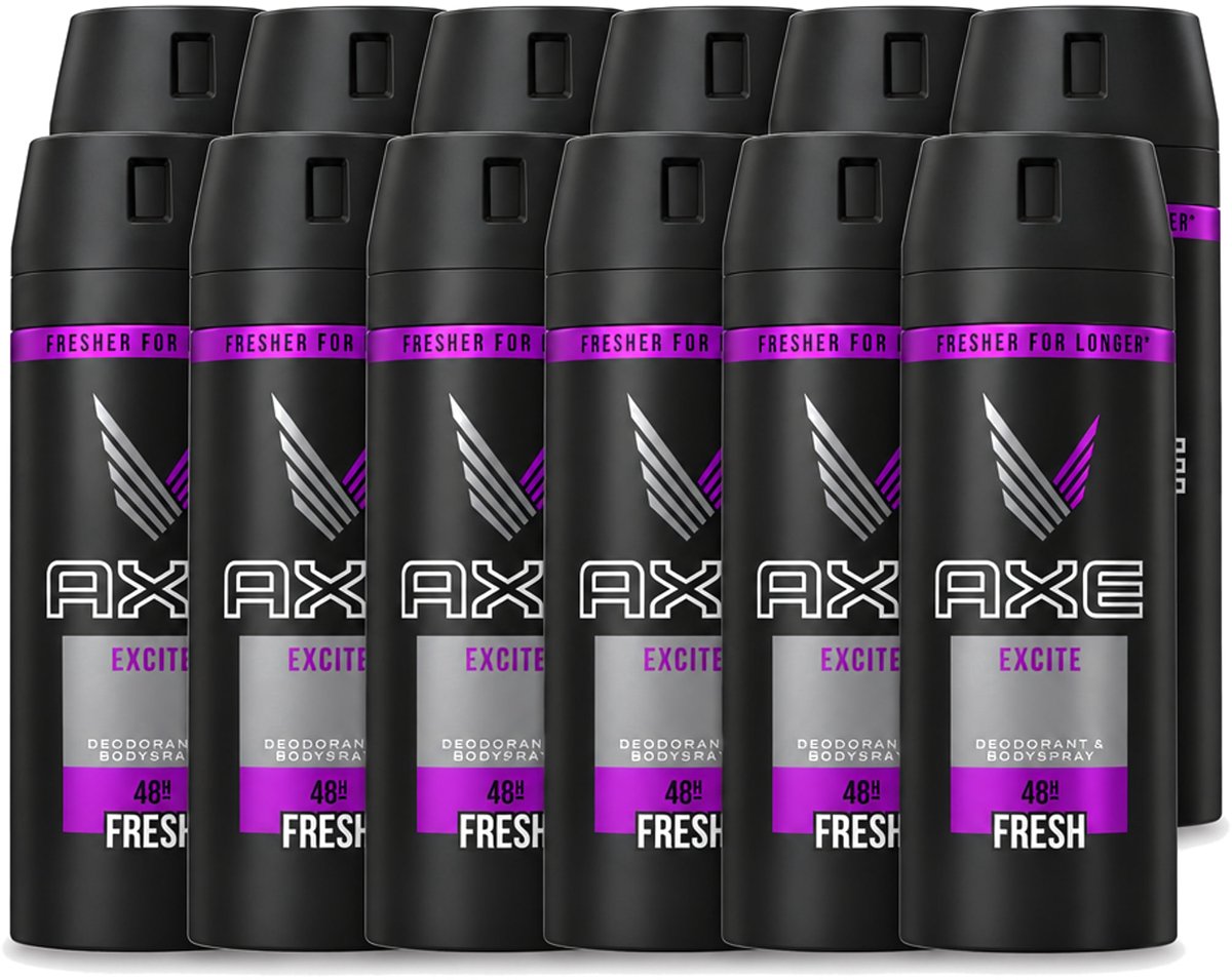 12 x Axe - Deodorant Bodyspray - 48hrs Fresh - Excite - 150 ml - Voordeelverpakking - 12 stuks