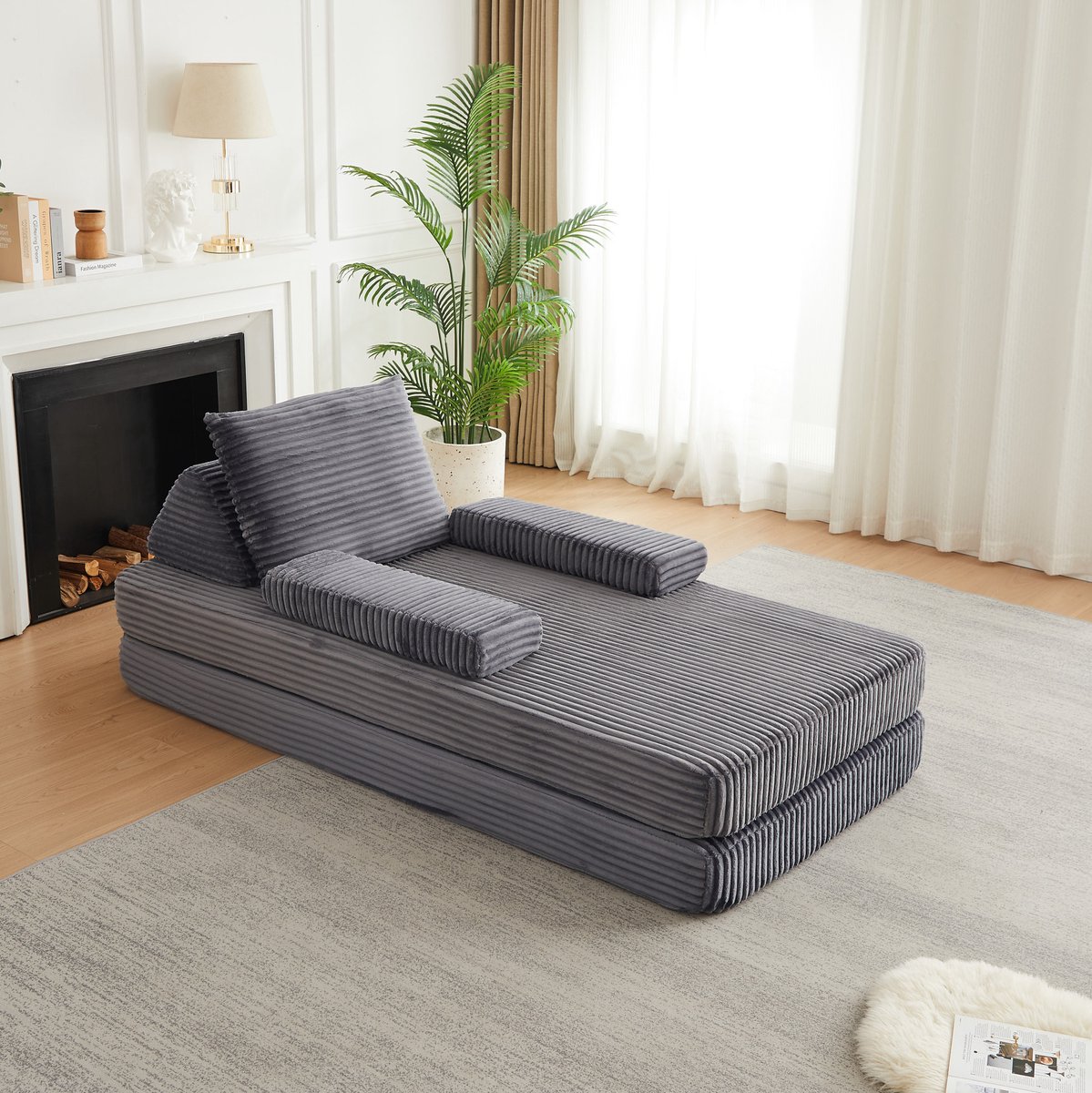 REDOM - Slaapbank - Modulair ontwerp - Verplaatsbare rugleuningen en armleuningen - Twee driehoekige rugleuningen - Corduroy - Grijs - 211,5 x 106,5 x 62 cm