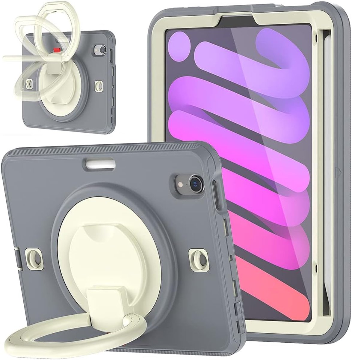 Tablethoes geschikt voor Apple iPad Mini 6 & Mini 7 8.3 inch – Schokbestendige 3-laags Beschermhoes met Screenprotector, 360° Standaard, Handriem, Schouderriem & Penhouder – Gebroken Wit/Grijs
