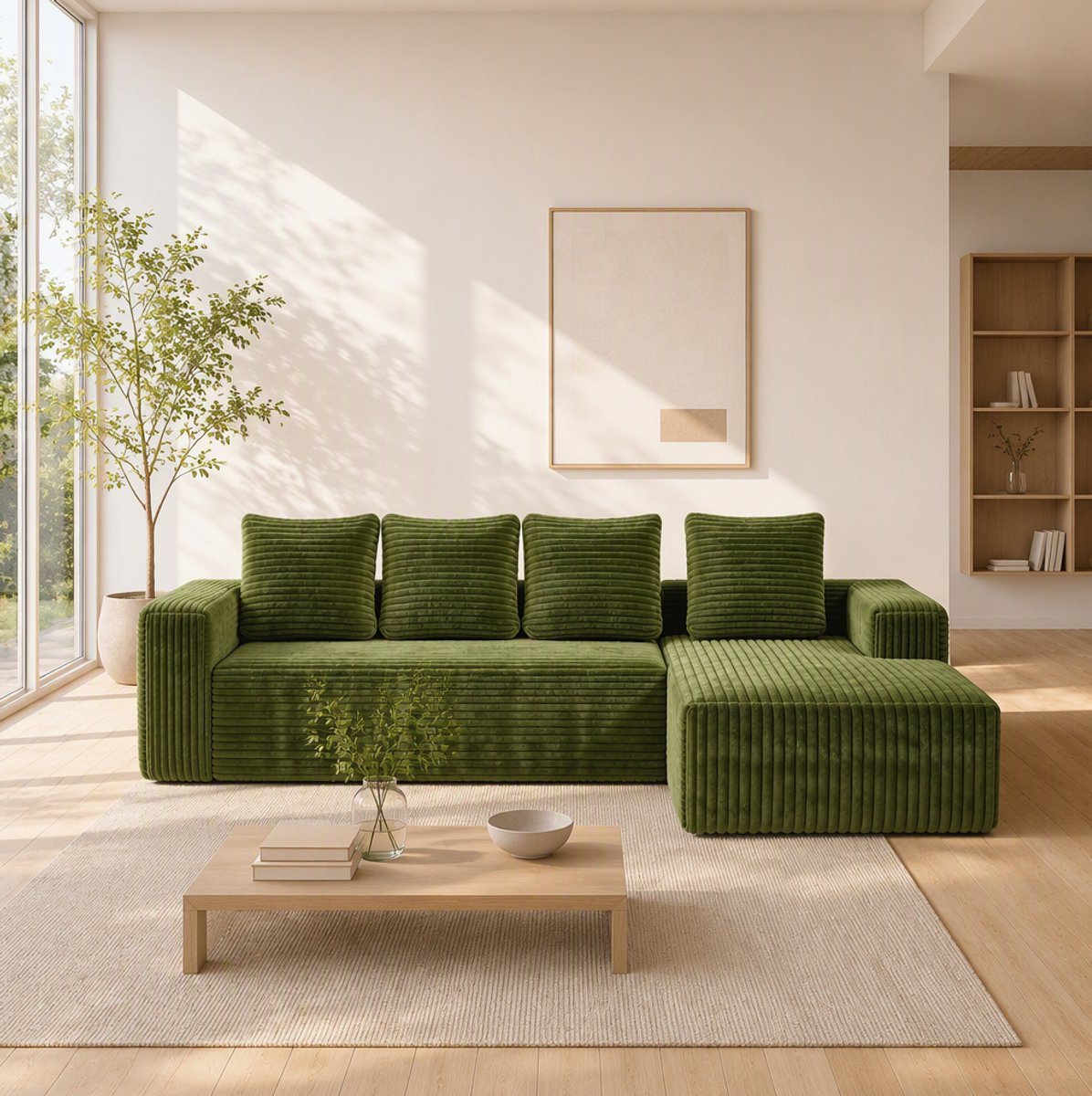 REDOM - Hoekbank - Modulaire L-vorm met chaise longue links - Diepe zitting met vering - Ribfluwelen bekleding - Moderne stijl - Groen - 261 x 168 x 58 cm