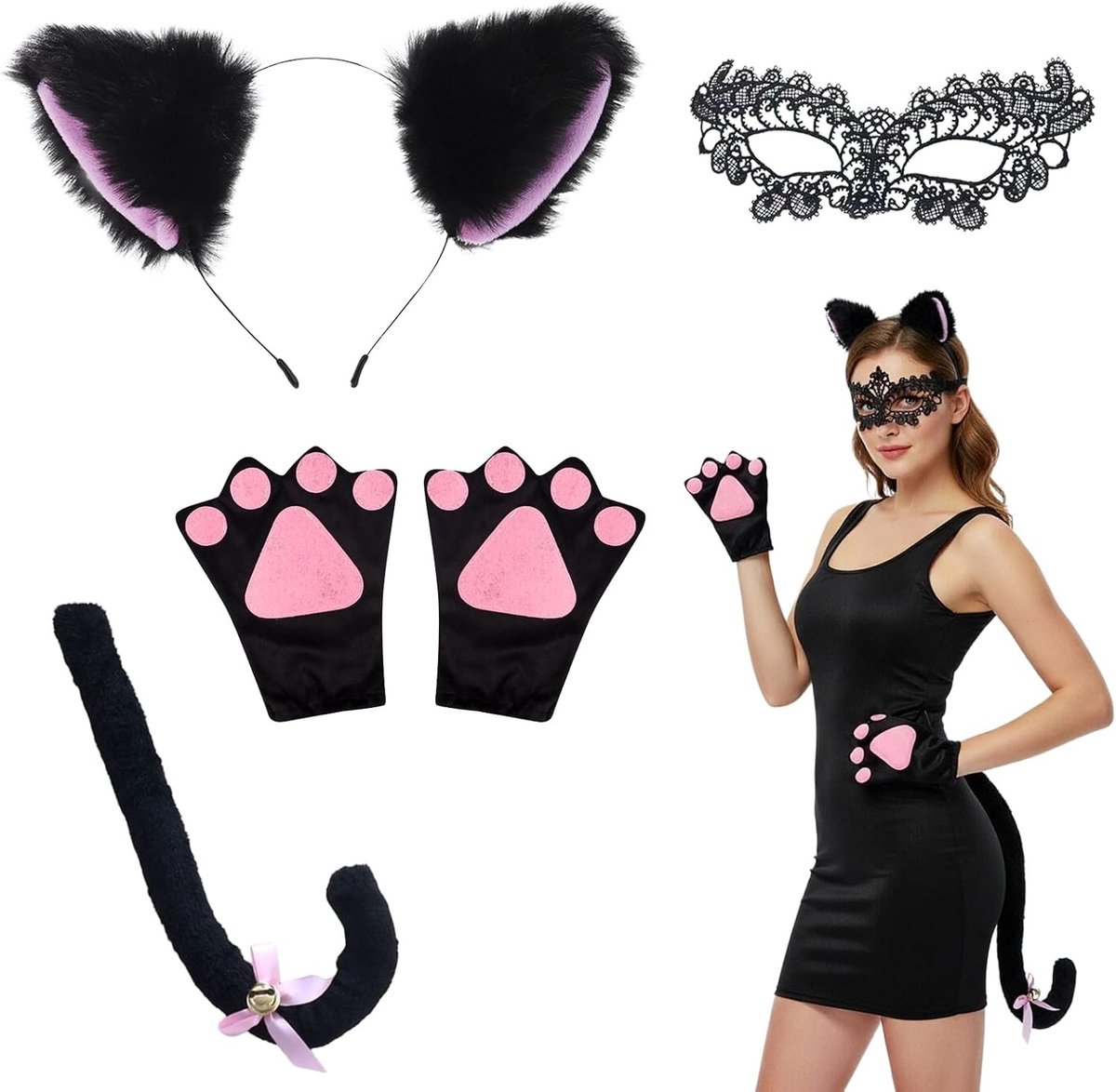 4-delige Katten Kostuum Accessoire Set met Neppige Oren, Fluffy Staart en Poot Handschoenen voor Halloween en Cosplay, Geschikt voor Kinderen en Volwassenen