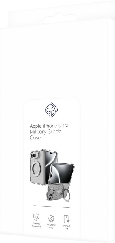 Witte verpakking voor Cazy Military Grade iPhone Ultra hoesje met afbeelding van het product.