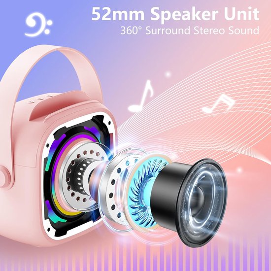 Mini Kinder Karaoke Machines met 2 Microfoons, Draadloze Draagbare Bluetooth Luidspreker met Telefoonsteun/Dynamisch Licht/Stemverander Effecten, Roze van MINI — afbeelding 5