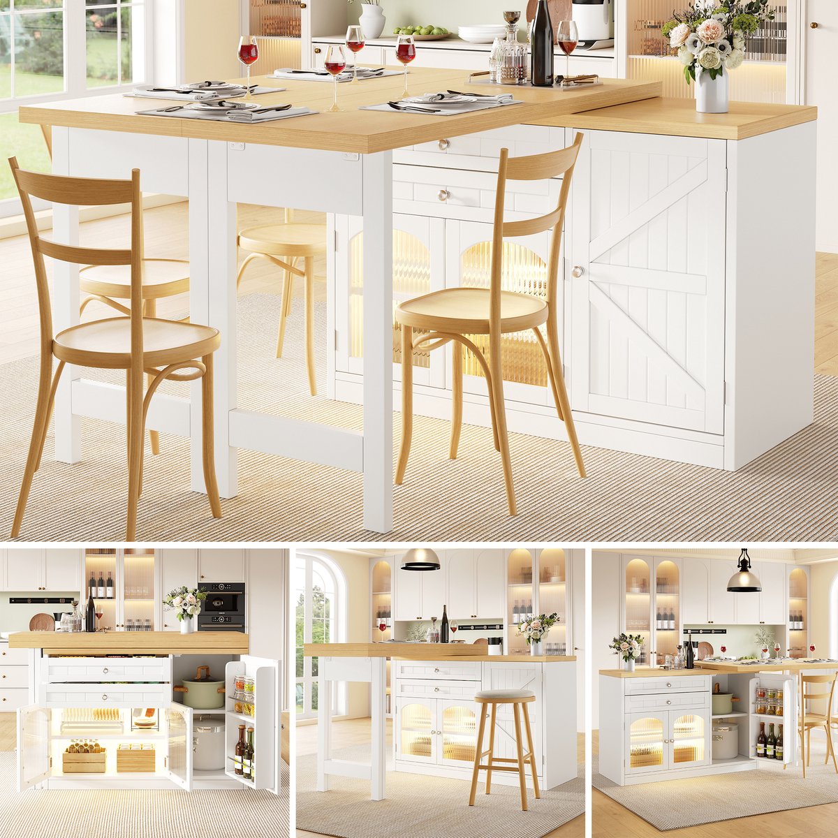 Clruro Keukeneiland - 120-194x40x73,5 cm - 360° Draaibaar - Glazen Deuren en Laden - MDF - Wit/Zwart