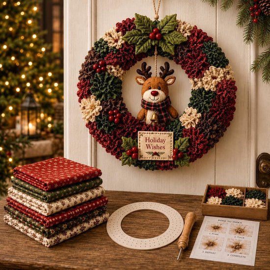 Kerstkrans met rode, crème en groene bloemen, dennenappels en hulstbladeren. Een rendier met sjaal hangt in het midden, met een bordje 'Holiday Wishes'.