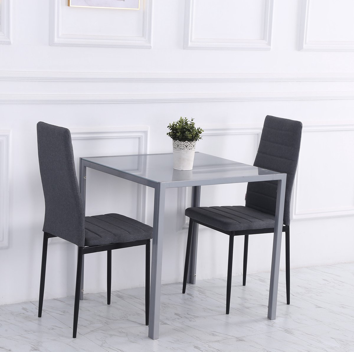 OKWISH Eettafel - Vierkant Voor 4 Personen - Hardglazen Blad - Kleine Keuken En Eetkamer - Metalen Frame Grijs - 75 X 75 X 75 Cm