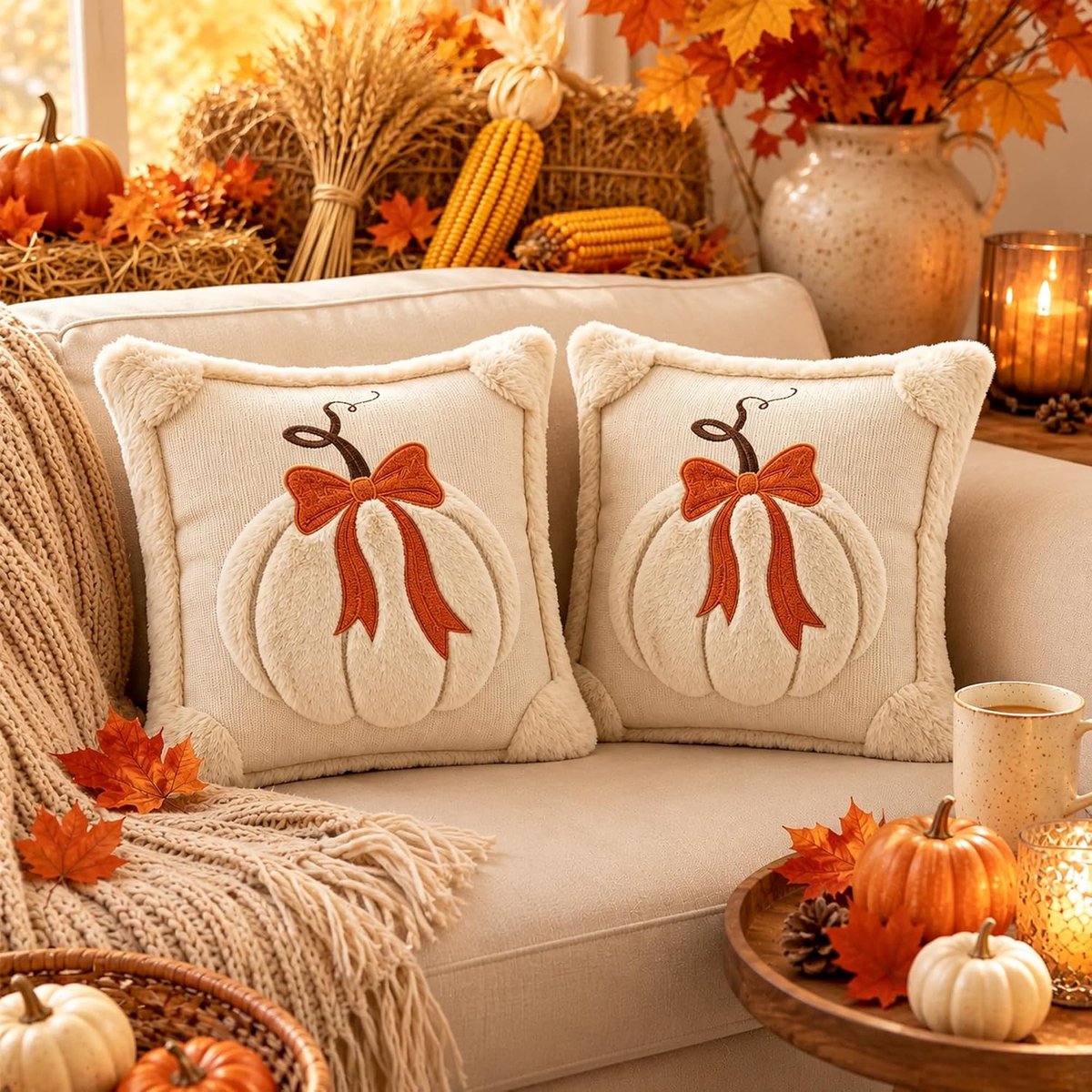 ZVD Decoratieve kussenhoezen met herfstpompoen – 45 x 45 cm – Set van 2 – Geschikt voor herfst, Thanksgiving- en Halloween-interieur – Beige pompoendesign