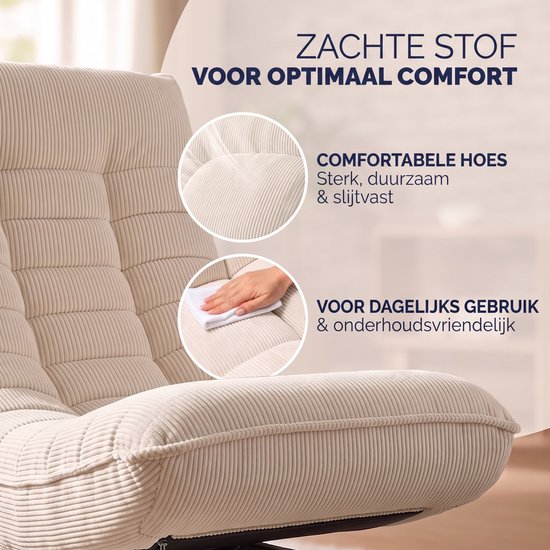 Close-up van de zachte, corduroy stof van de lichtbeige fauteuil. "Comfortabele hoes, sterk, duurzaam & slijtvast" en "voor dagelijks gebruik & onderhoudsvriendelijk".
