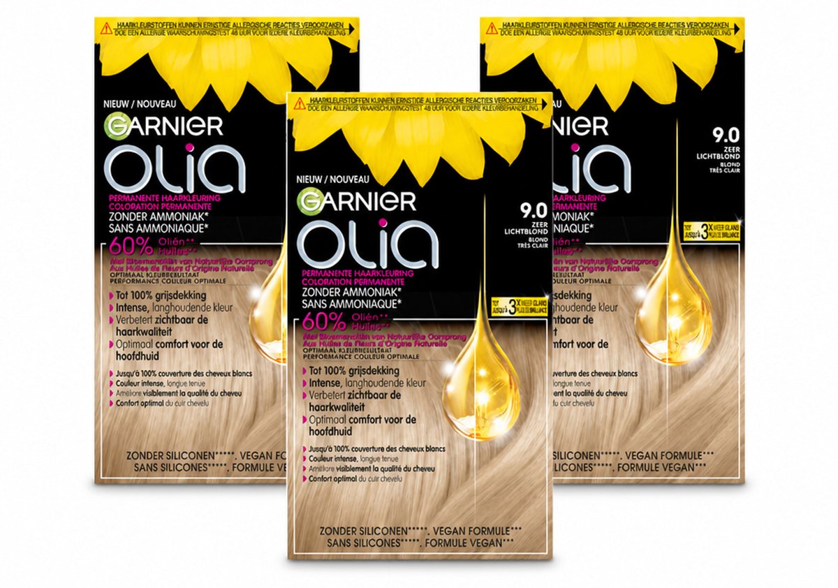 3 x Garnier - Olia 9 - Haarkleuring - Zeer Lichtblond - Zonder Ammoniak - Intense Langhoudende Kleur - Bulkverpakking - 3 stuks