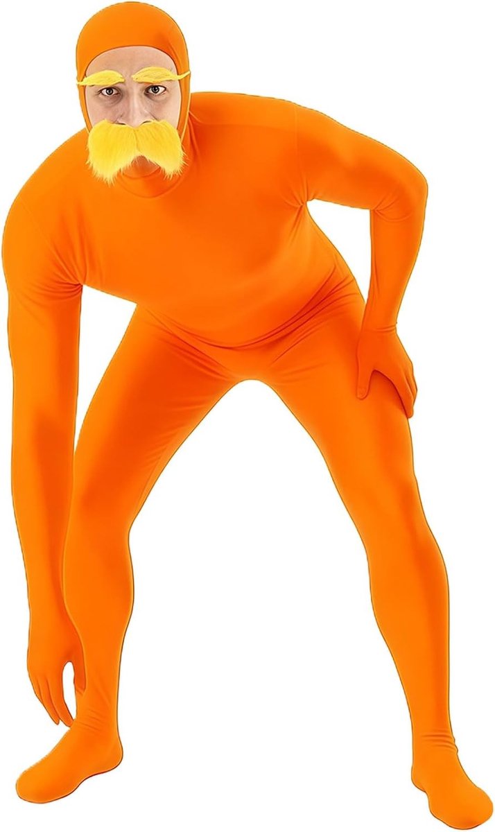 Oranje Volledige Lichaam Kostuum voor Mannen en Vrouwen met Snor voor Carnaval en Halloween Feestjes