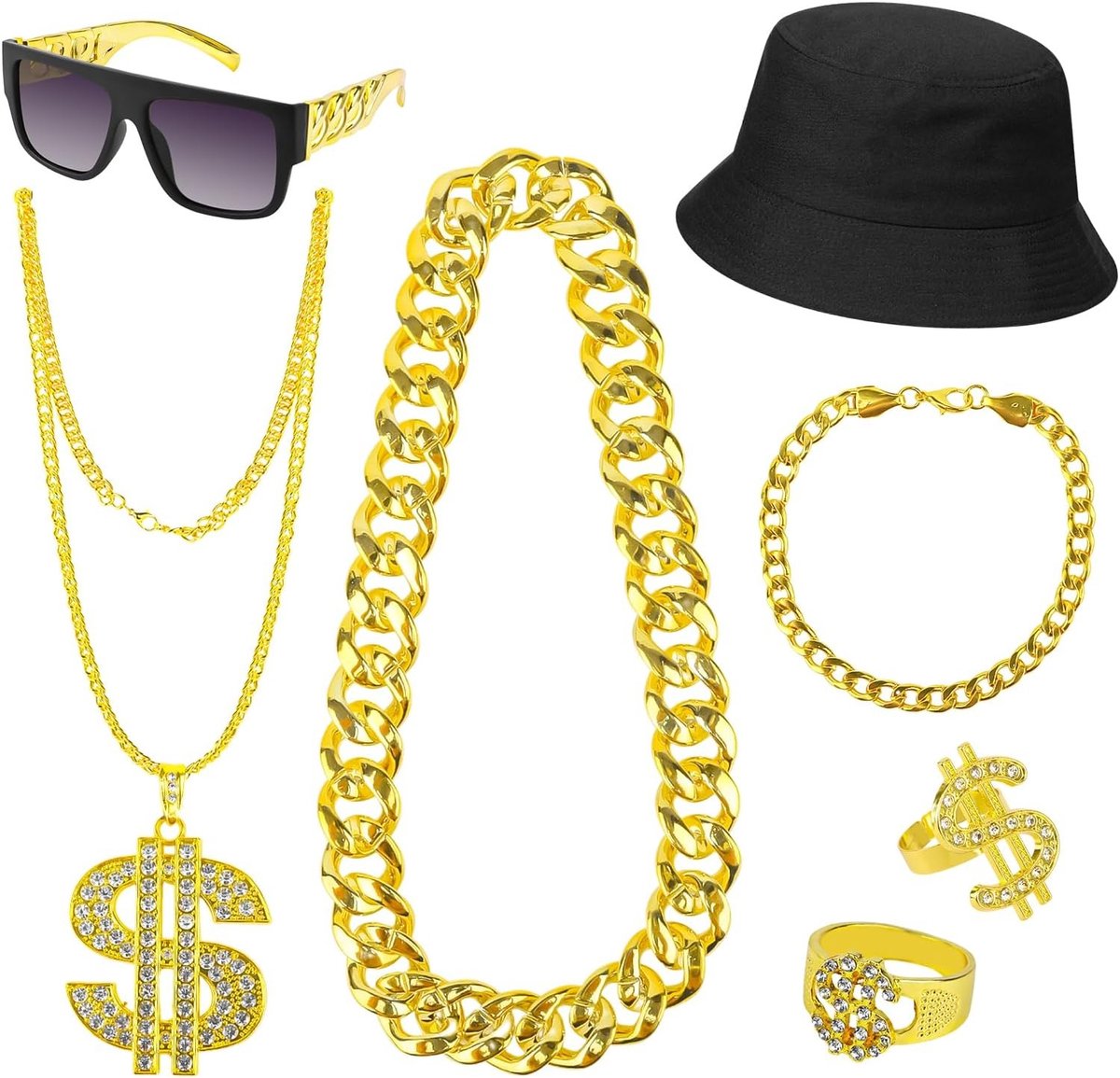 Rapper kostuum accessoires voor carnaval, inclusief ketting en bucket hat, hip hop stijl jaren 80 en 90 feestoutfit