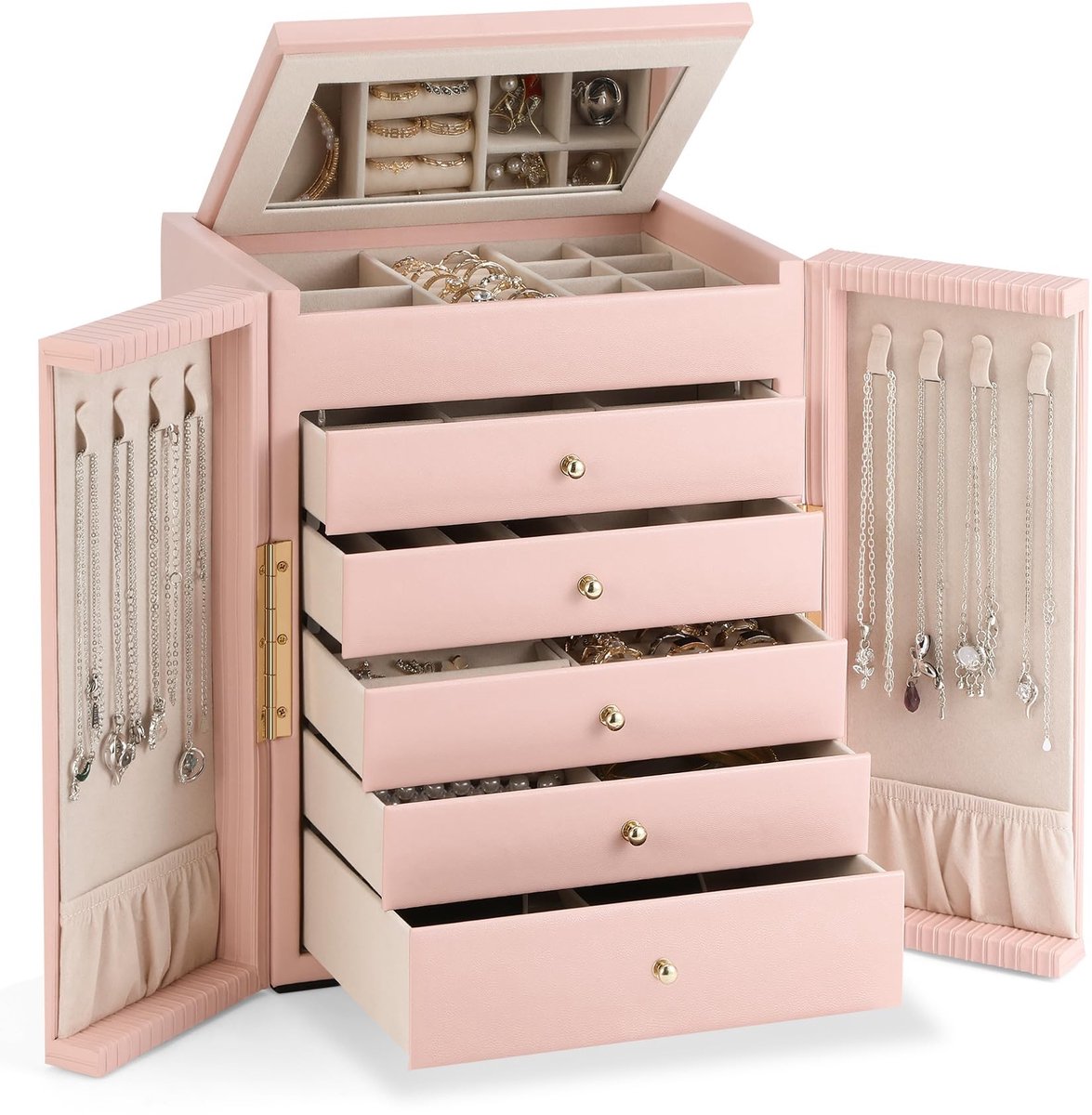 Elzusha - Sieraden Box met Spiegel - 5 Lade en 49 Compartimenten - Roze