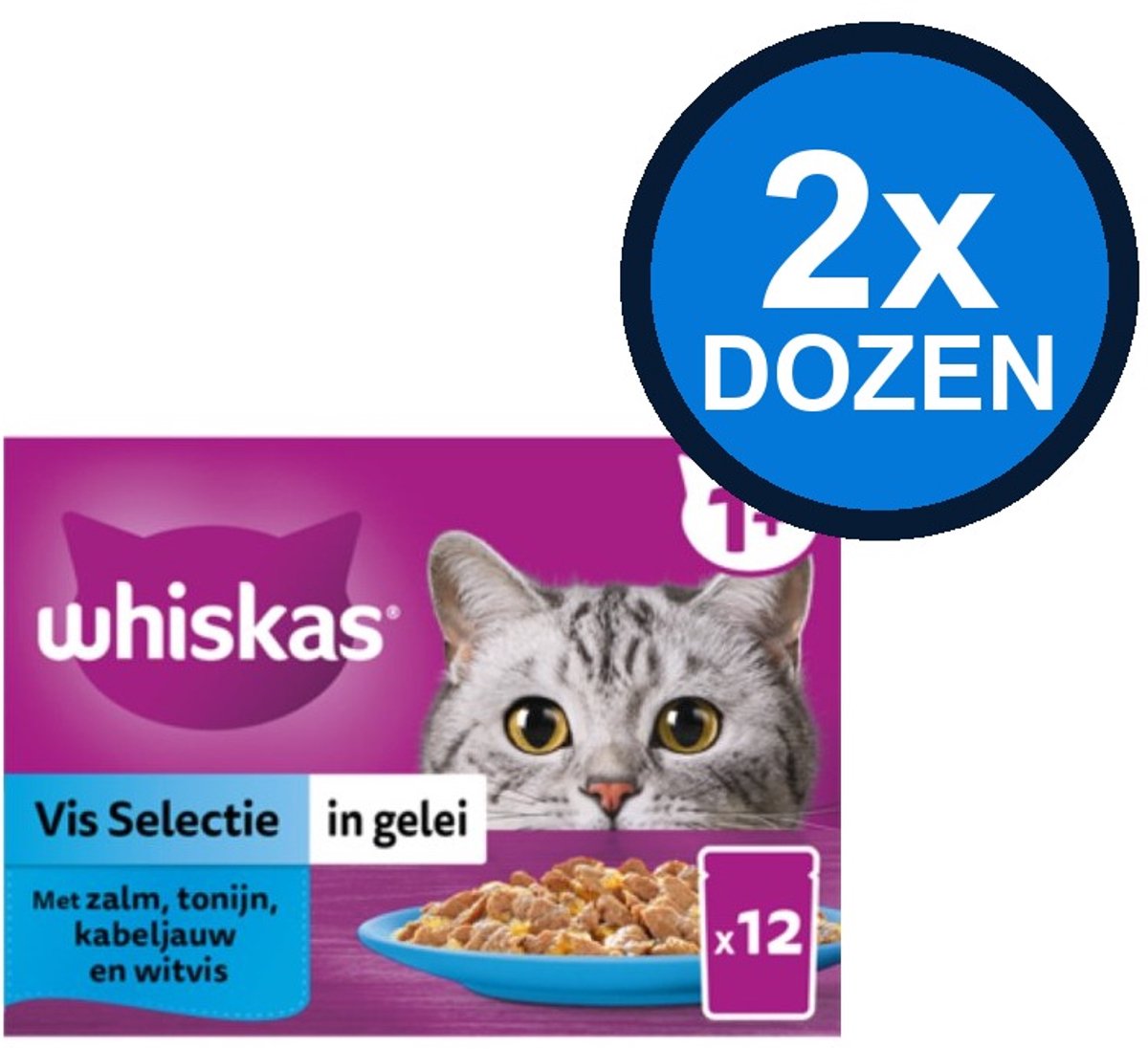 2x Whiskas 1+ - Kattenvoer natvoer - Vis - Selectie in gelei - maaltijdzakjes 12 x 85 g