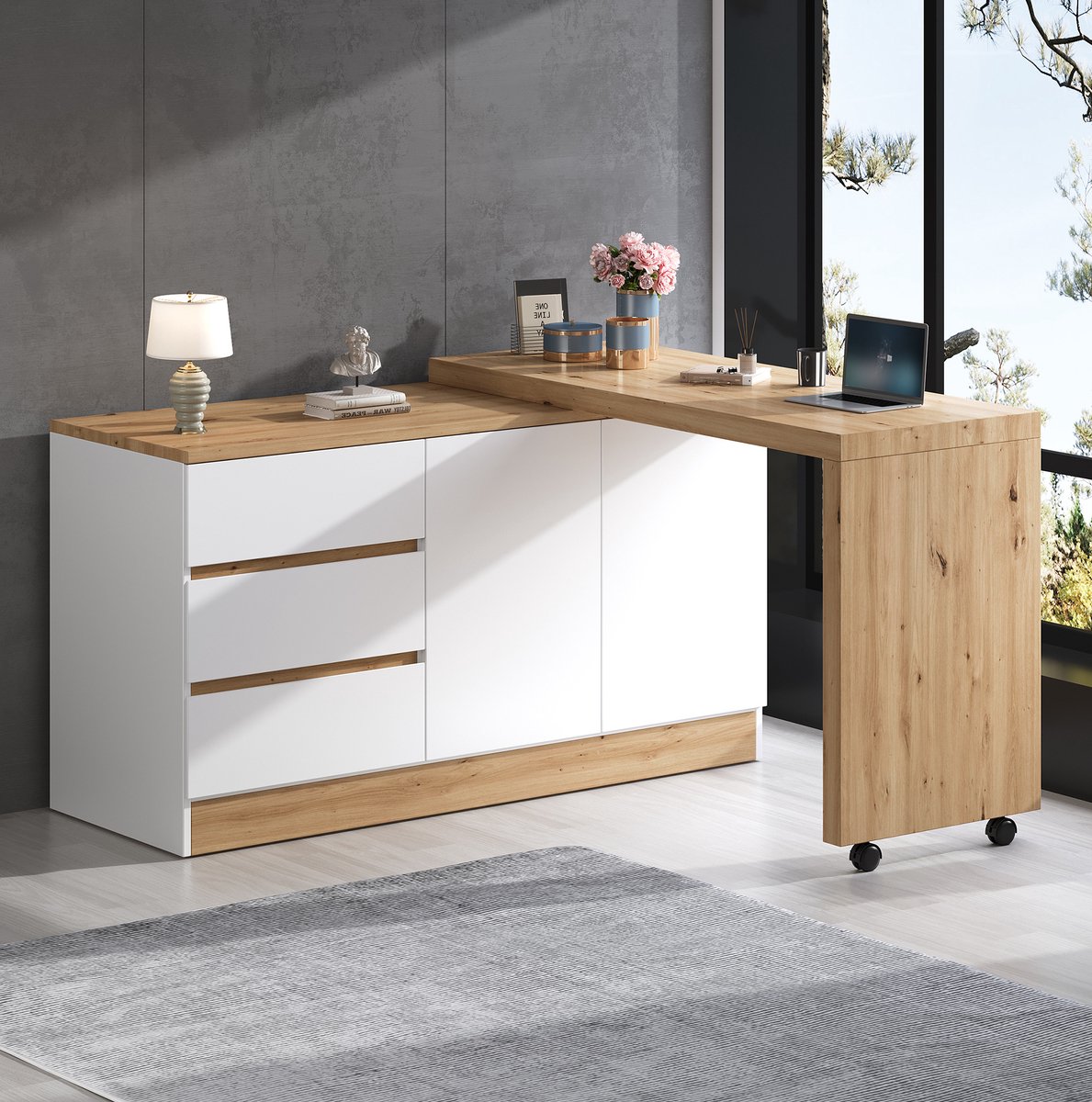 DESMIU Bureau - Klapbaar En Draaibaar Met Opbergruimte - Hoekbureau Voor Thuiswerken - Spaanplaat - 120x50x78 Cm - Wit Eikenlook