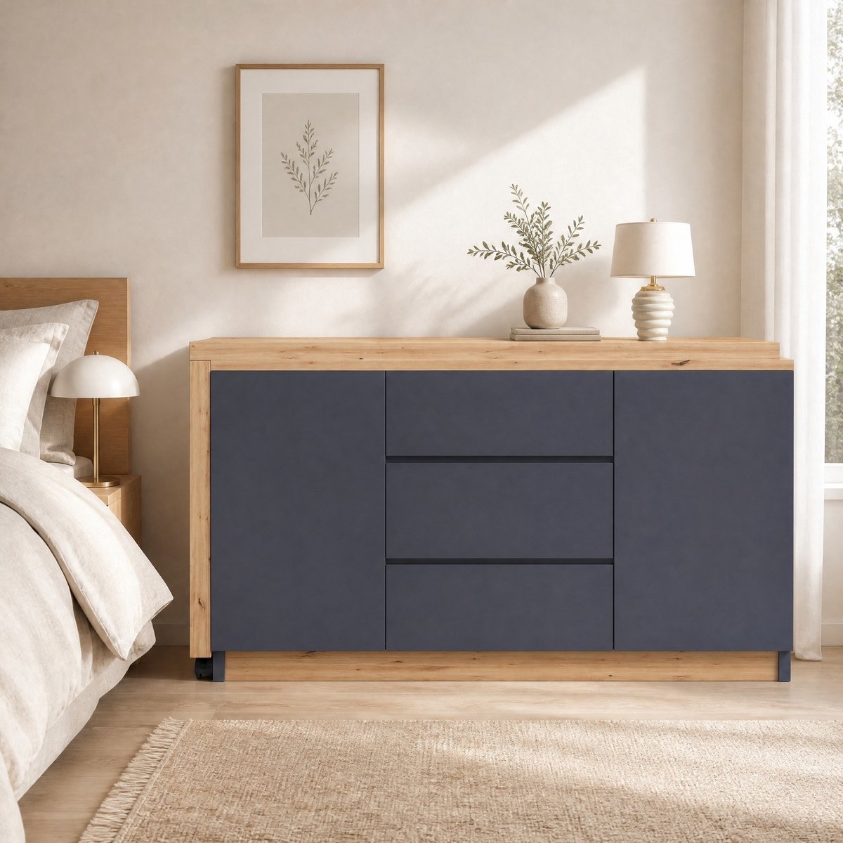 DESMIU Bureau - 360° Draaibaar En Opvouwbaar Met 2 Deuren En 3 Laden - Voor Kantoor En Woonruimte - Spaanplaat - 120x50x76,5 Cm - Grijs Eiken