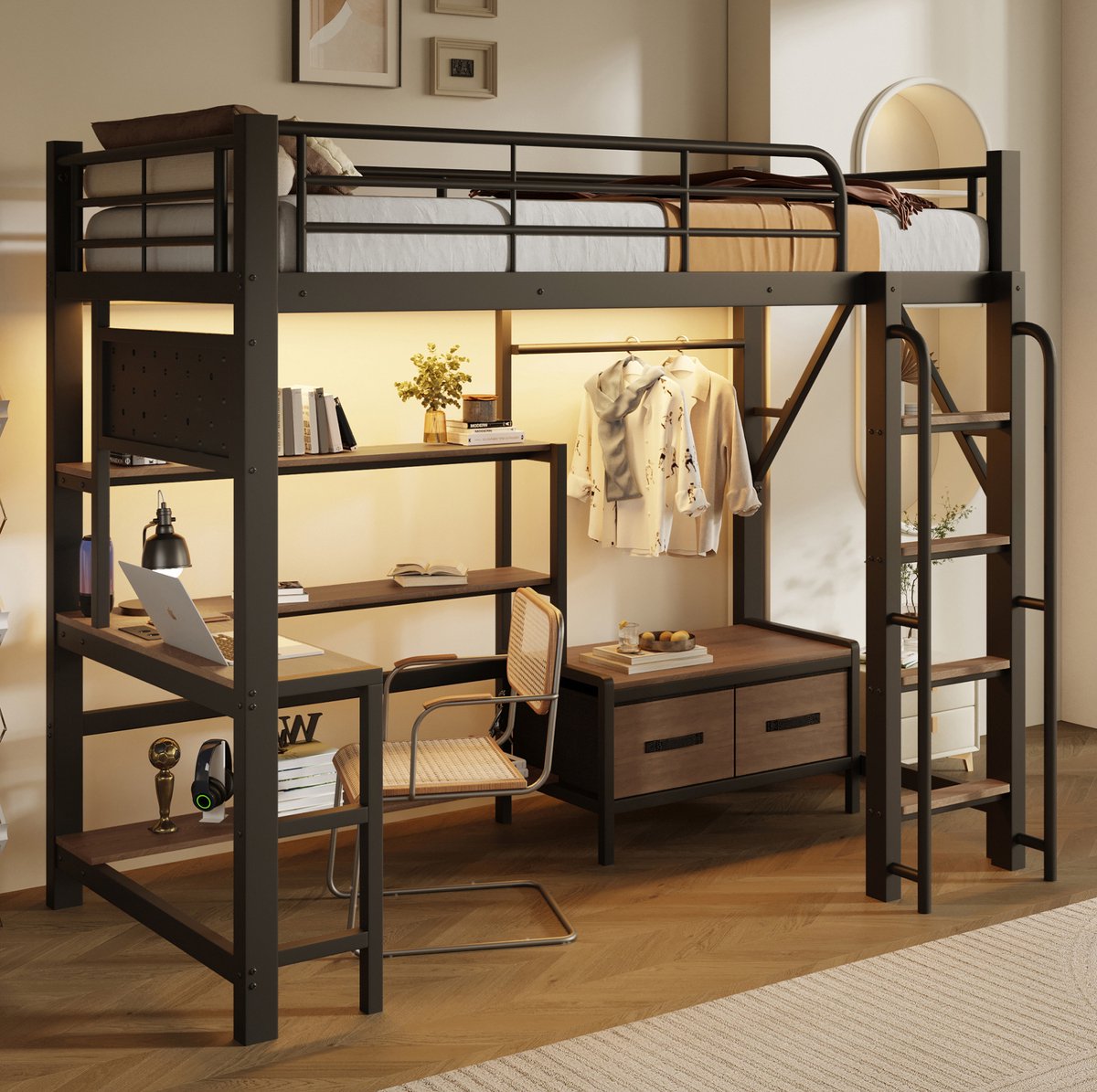 MIVRAY Hoogslaper 90x200 cm - Met Bureau, LED en USB, Opbergruimte - Kinderkamer - Zonder Matras - Metaal en MDF - Zwart