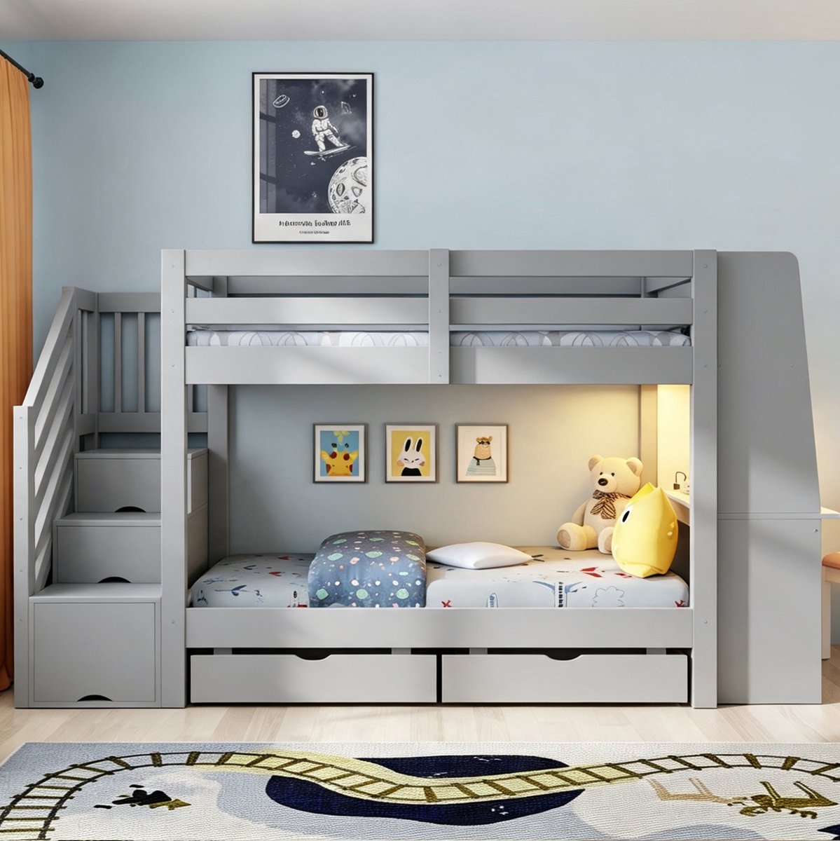 FloraGrace Stapelbed 90x200 cm – Met Bureau, Boekenkast, Ledverlichting, Stopcontact en Opbergladen – Hout – Grijs – Zonder Matras