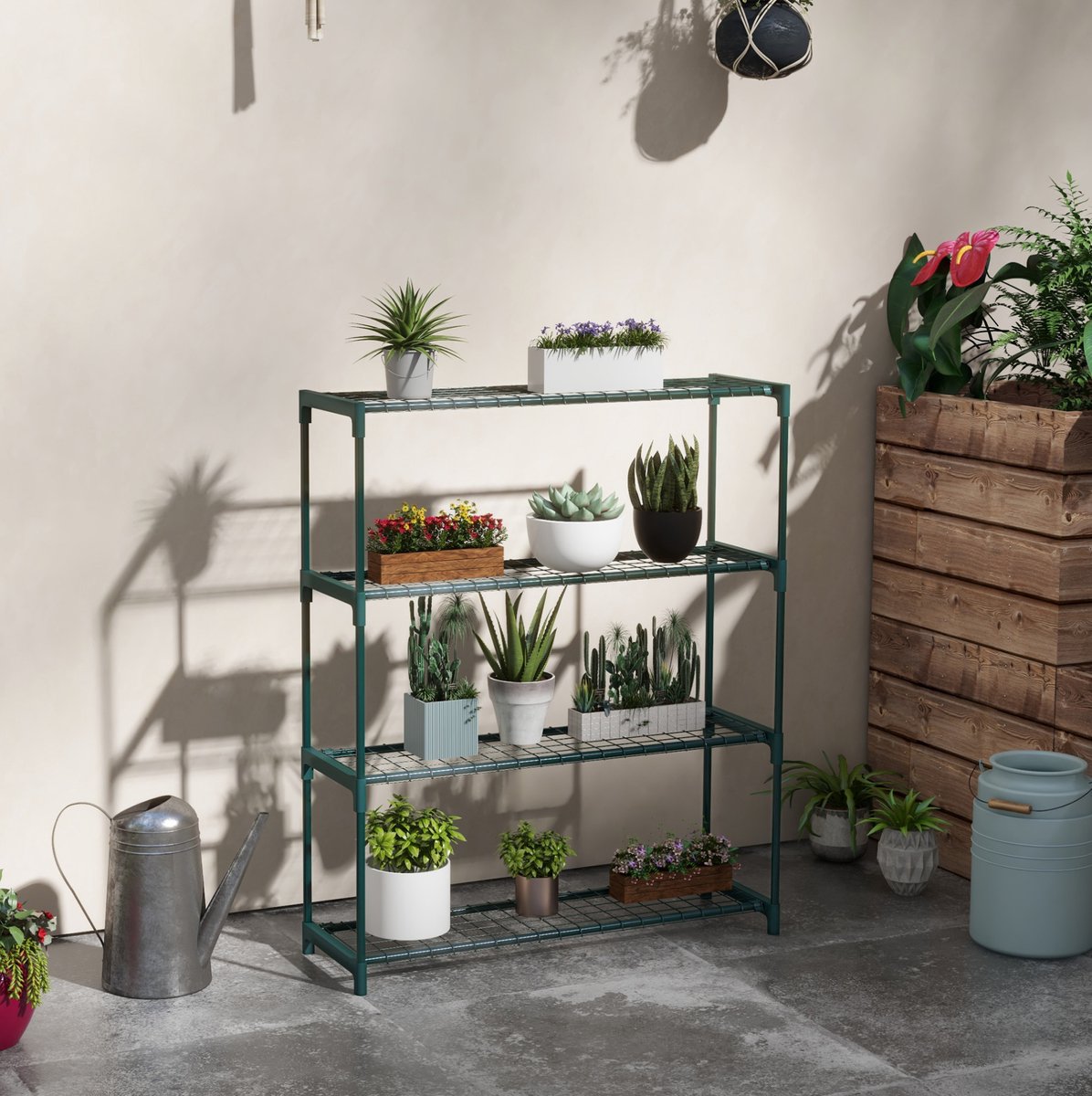 Plantenrek – Vier Etages – 89 x 28 x 107 cm – Staal – Donkergroen – Binnen en Buiten – 10 kg Draagvermogen