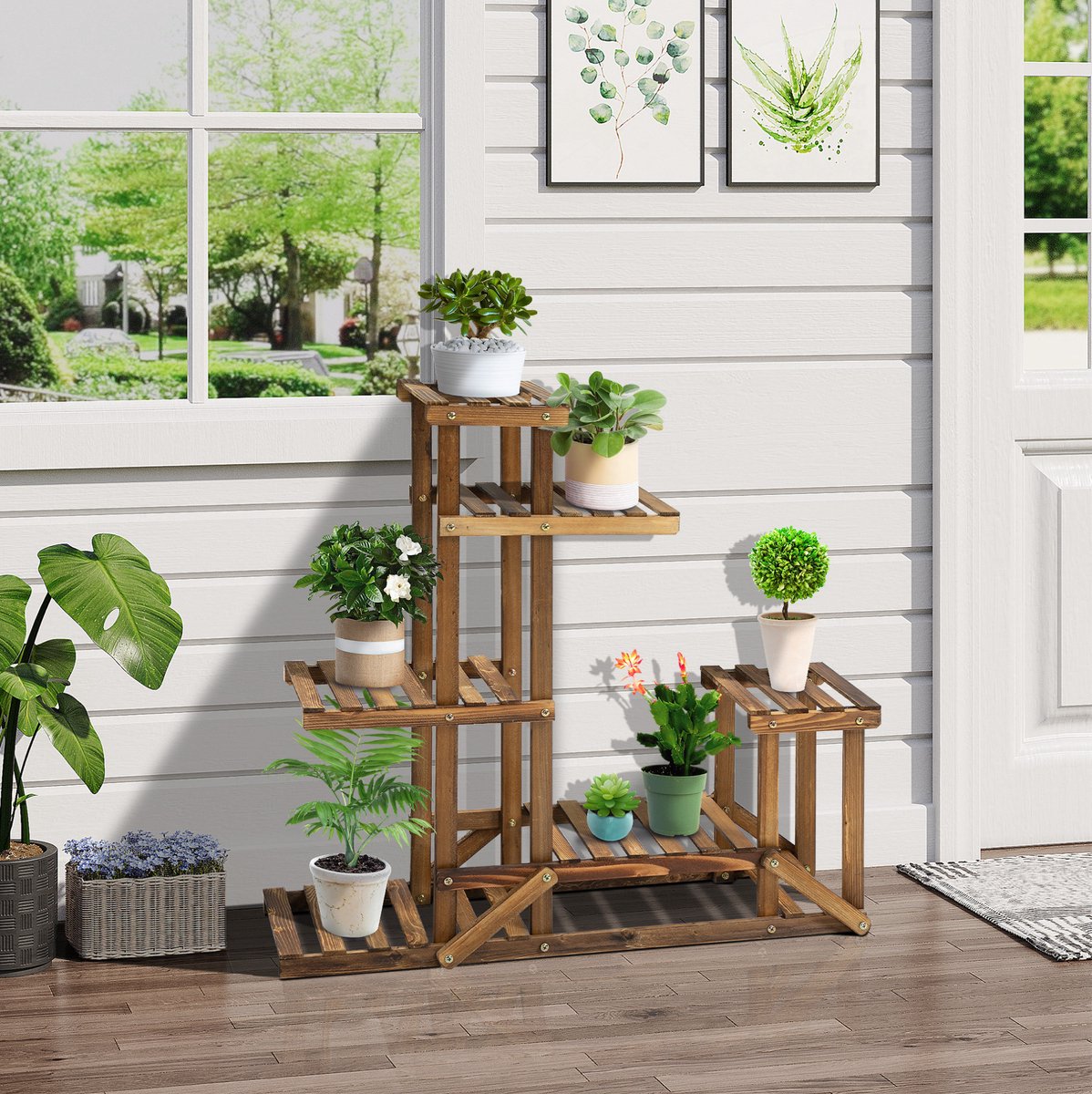 Plantenrek – 6 Lagen – 95 x 28 x 96,5 cm – Hout – Bruin – Voor Binnen en Buiten – Gecarboniseerd Oppervlak