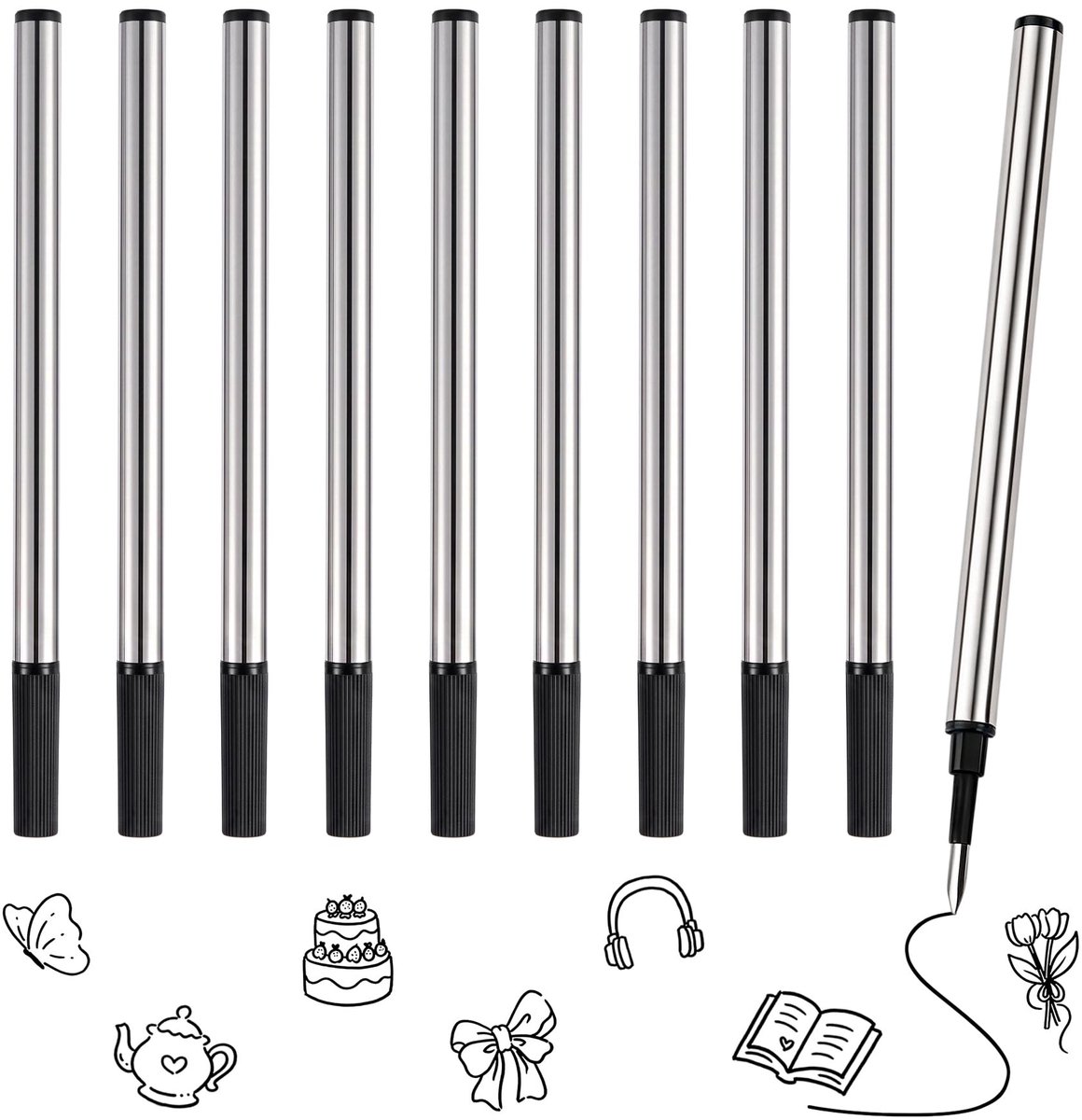 Elzusha - Rollerball Navulling - Zwart, Set van 10 Stuks
