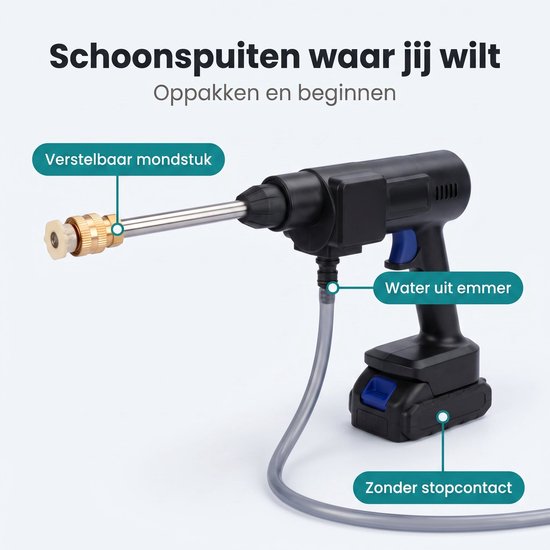 Cheqo® Hogedrukreiniger op Accu - Draadloze Hogedrukreiniger - Snoerloze Hogedrukspuit - Draagbare Drukspuit met Verstelbaar Mondstuk - Terrasreiniger en Autoreiniger voor Auto Wassen en Tuin - met Aanzuigslang - Accu en Lader - Opbergkoffer — afbeelding 5