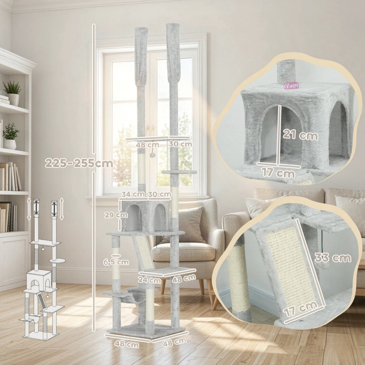 MODENUIT Krabpaal – Hoogte Instelbaar 225-255 cm – Spaanplaat en Pluche – Lichtgrijs – Met Hangmat en Huisje