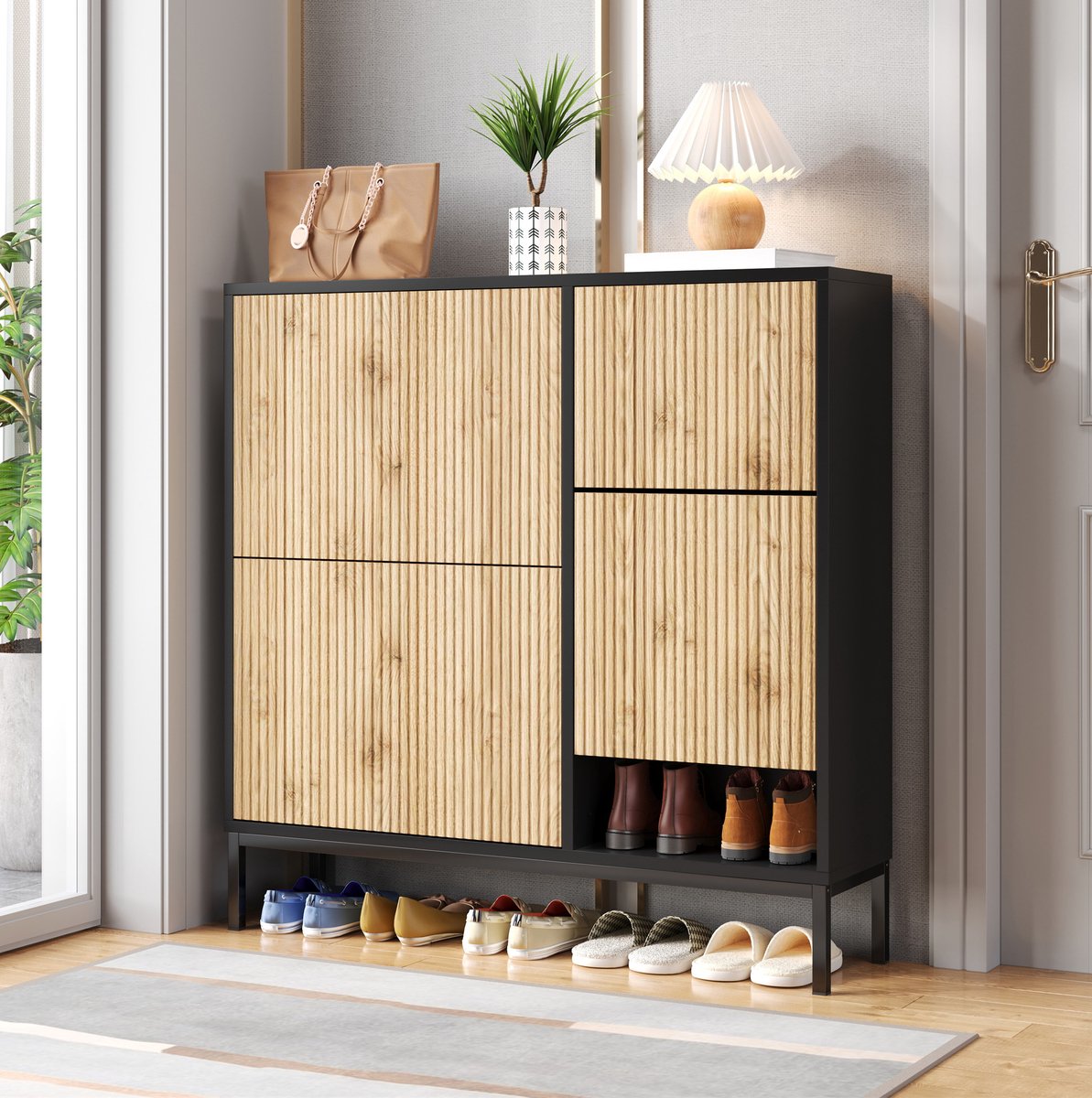 REDOM - Schoenenkast met uitklapbare zitbank - Drie kleppen en open vak - MDF - Zwart en naturel - 100 x 25 x 100 cm